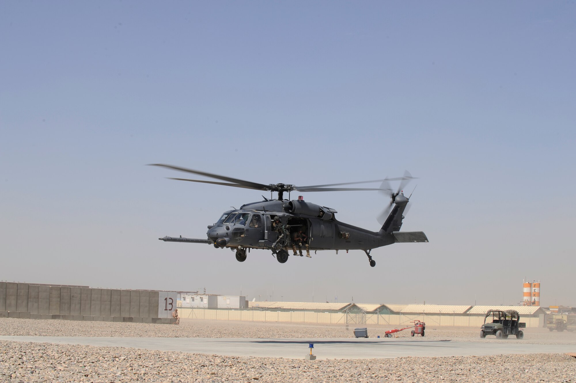 An HH-60G Pave Hawk takes off from Camp Bastion, Afghanistan, June 23, 2009. The HH-60G is manned by Airmen of the 129th Expeditionary Rescue Squadron and they are responding to a medevac request to aid wounded personnel down range.  (U.S. Air Force photo by Staff Sgt. Shawn Weismiller)