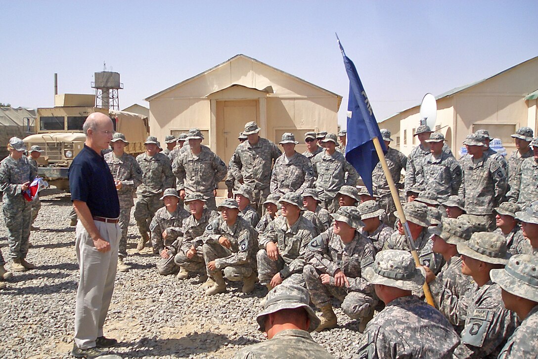 Army Secretary Pete Geren visits troops at Forward Operating Base Ghazni as part of a visit to Afghanistan, Sept. 20, 2008. U.S. Army photo by Sgt. Paul David Ondik  
