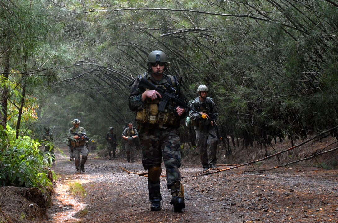 Members of the U.S Air Force Tactical Air Control Party patrol during an exercise on Wheeler Army Airfield's East Range, Hawaii, June 23, 2009. The training, which included combat lifesaver skills, convoys, air assault egression, and improvised explosive device reaction, ran from June 23-26. It was designed to give tactical air control party members a better idea of what to expect when they deploy to Afghanistan with an Army unit.