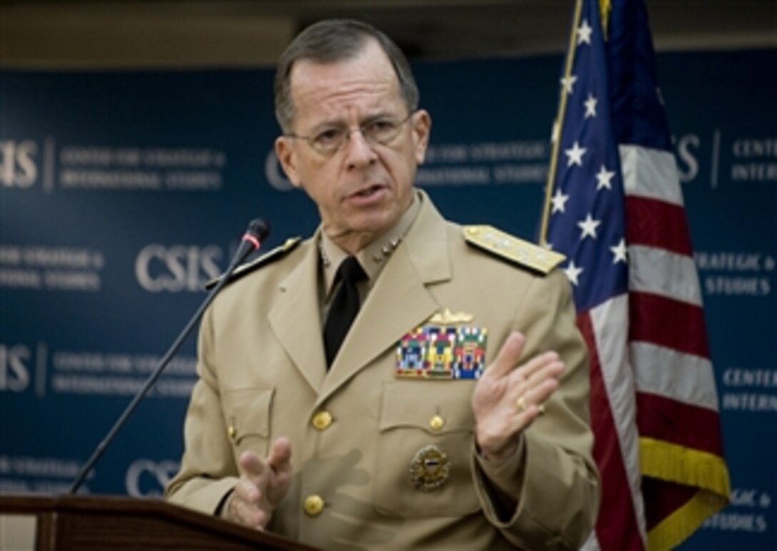 Chairman of the Joint Chiefs of Staff Adm. Mike Mullen, U.S. Navy, addresses the audience at the Center for Strategic and International Studies in Washington, D.C., on July 7, 2009.  