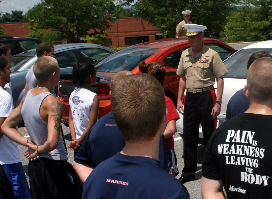 Brig. General James B. Laster, commanding general of Eastern Recruiting Region, speaks to future Marines, soon to embark to Marine Corps Recruit Depot Parris Island, S.C., at a visit to Recruiting Station Frederick, Md., 4th Marine Corps District, here Thursday. Laster spoke to recruiters in addition to his visit at the RS as he traveled to a recruiting sub-station to visit the front lines of recruiting.