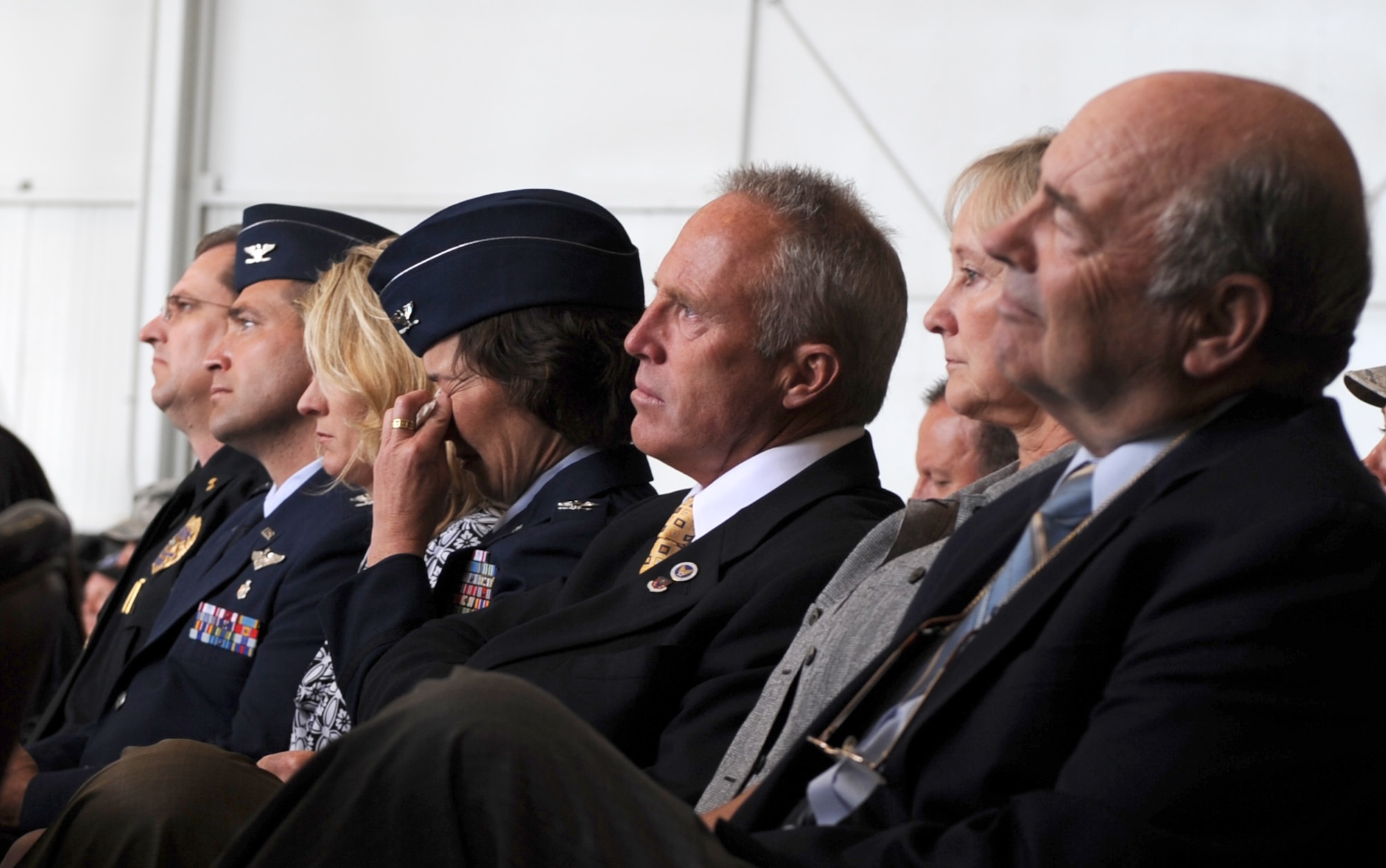 MOUNTAIN HOME AIR FORCE BASE, Idaho - Gunfighters pause to remember Master Sgt. Richard Caron during a memorial ceremony at Hangar 1331 July 9. Sergeant Caron was with the 366th Aircraft Maintenance Squadron and passed away in Mountain Home July 4. (U.S. Air Force photo/Airman 1st Class Renishia Richardson)