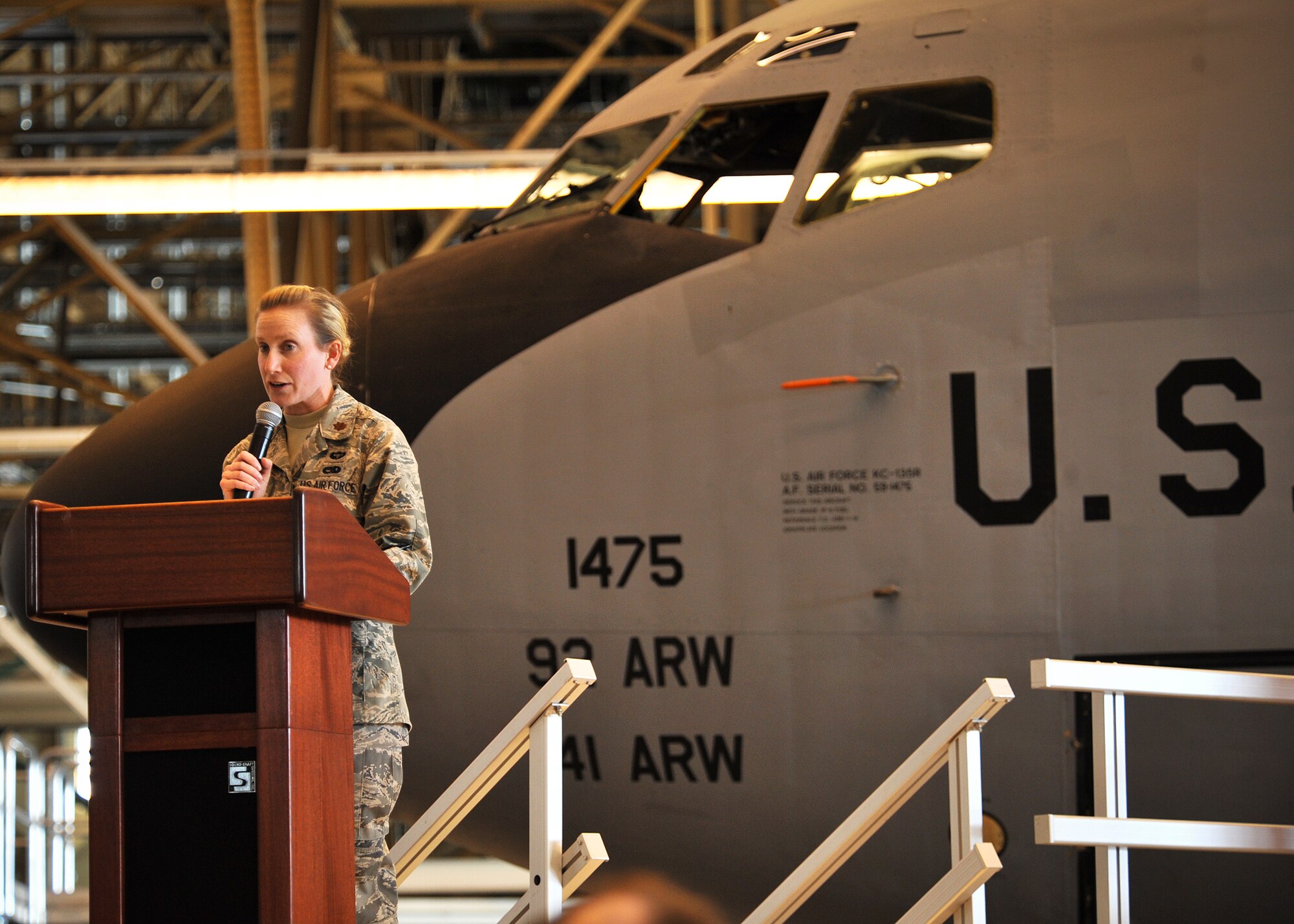 FAIRCHILD AIR FORCE BASE, Wash. – Maj. Laura Goodman, 92nd Maintenance Squadron commander, delivers a speech during the 92nd MXS Change of Command Ceremony at Building 2050, Hangar 2, June 23. (U.S. Air Force photo / Senior Airman Joshua K. Chapman)  