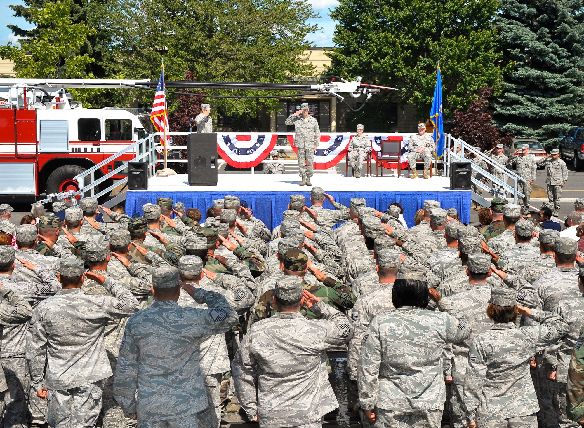 Lt. Col. Dean Hitchcock, 92nd Civil Engineer Squadron commander, delivers his first salute to 92nd CES servicemembers during the Change of Command Ceremony here June 23. (U.S. Air Force photo / Senior Airman Joshua K. Chapman)