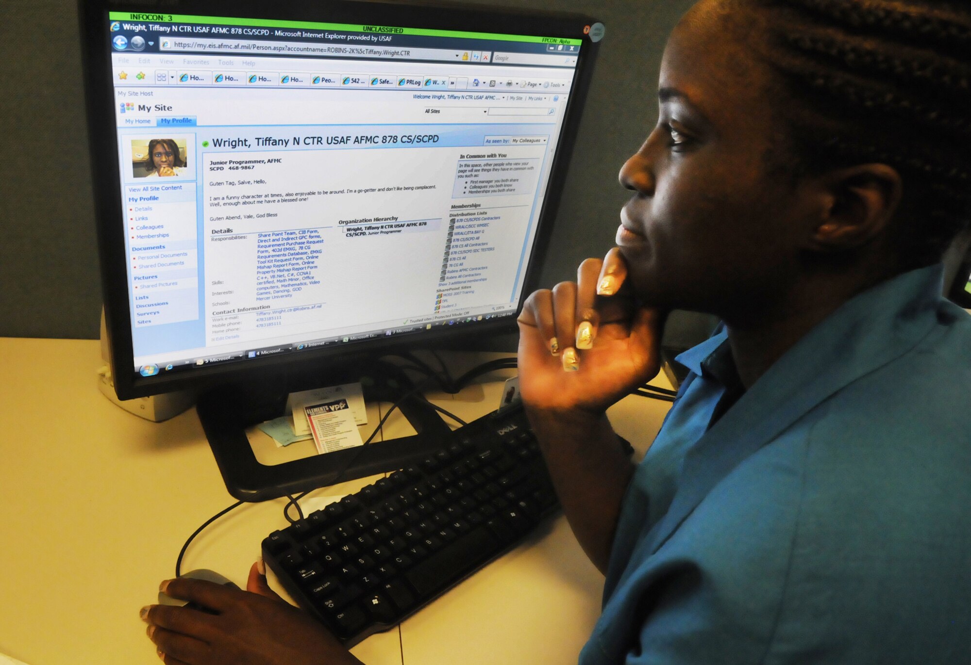 Tiffany Wright, SharePoint developer, displays the My Site page she created for professional networking. U. S. Air Force photo by Sue Sapp