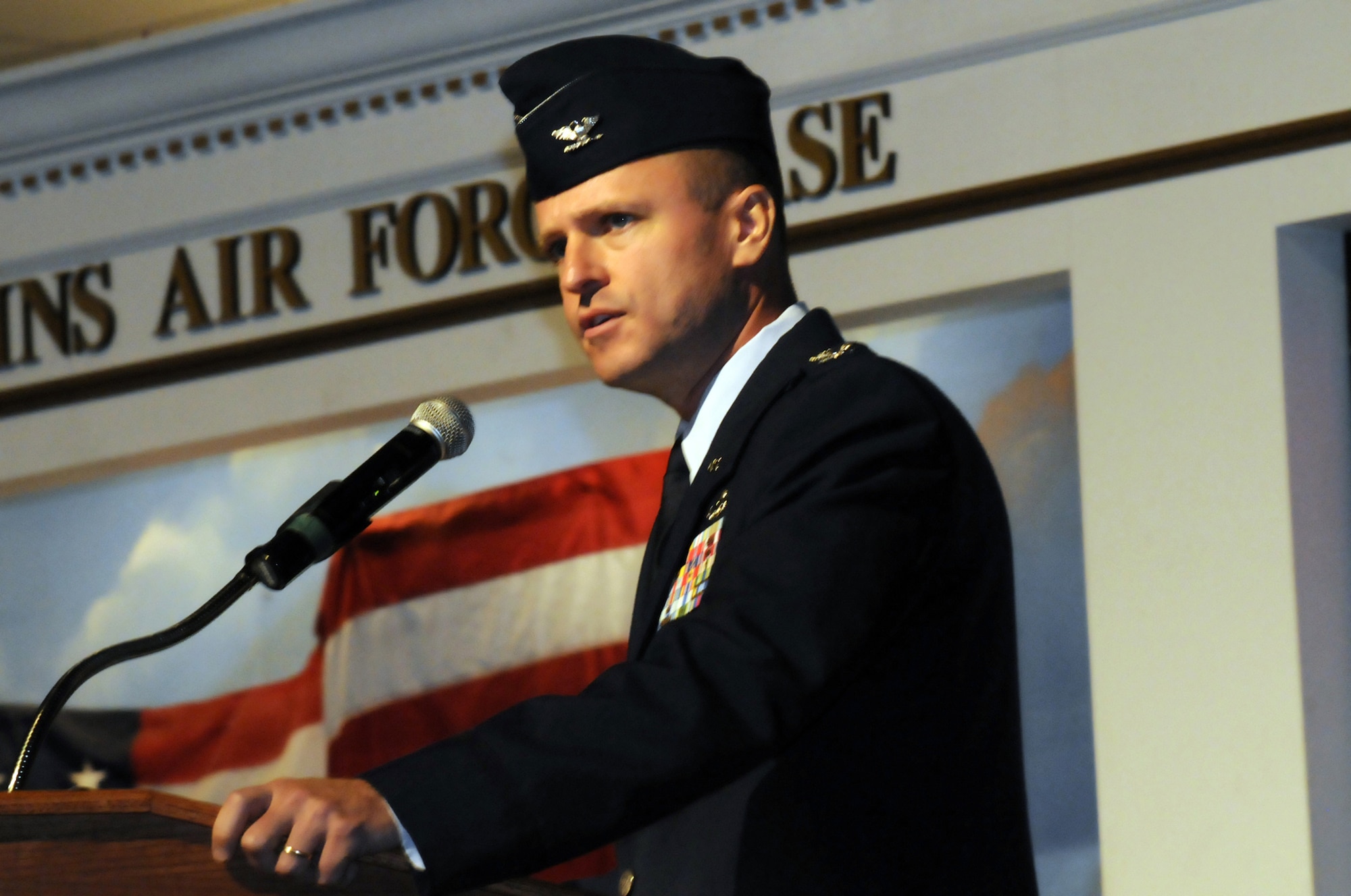 Col. Carl Buhler speaks during Wednesday's change of command ceremony where he became the 78th Air Base Wing commander. U. S. Air Force photo by Sue Sapp
