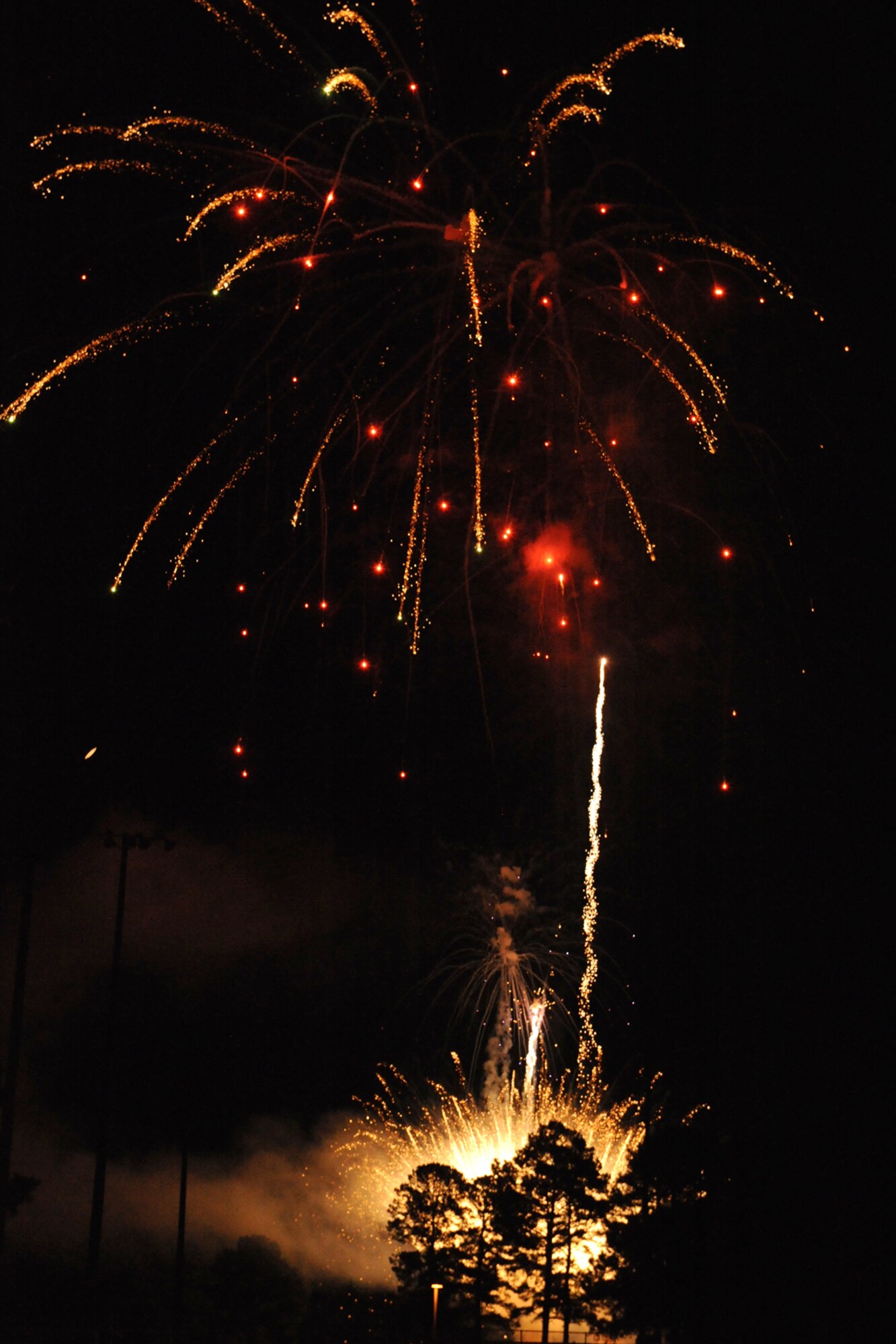 A fireworks display ends the Celebration of Freedom, a 4th of July event, on Seymour Johnson Air Force Base, N.C., July 2, 2009. Team Seymour's family and friends came out to enjoy the nation's 233rd birthday. (U.S. Air Force photo by Airman 1st Class Whitney S. Lambert)