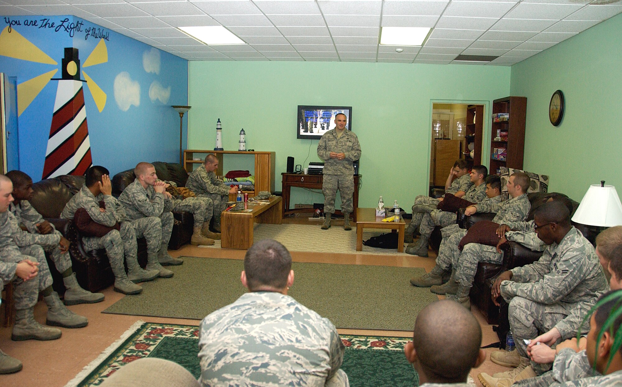 ANDERSEN AIR FORCE BASE, Guam -- Chaplain (Capt.) David Leonard, 36th Wing chaplain, briefs a First Term Airmen's Center class at the Lighthouse June 25.  With eight different worship services per week, men’s, women’s and youth-centered Bible study sessions and various monthly and seasonal activities, Andersen’s Chapels offer  something for everyone looking for a spiritual connection. (U.S. Air Force photo by Airman Carissa Wolff)      