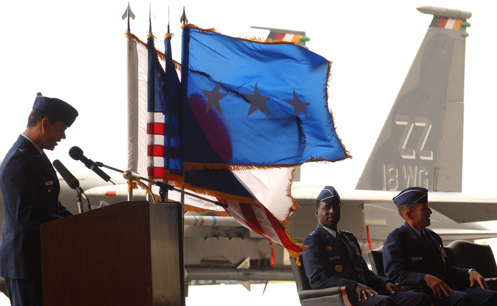 Col. Kenneth Wilsbach gives a speech during a change of command ceremony 
July 9 at Kadena Air Base, Japan. (U.S. Air Force photo/Tech. Sgt. Rey Ramon)  