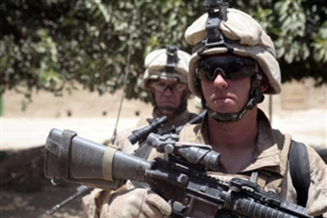 U.S. Marines with 2nd Battalion, 8th Marine Regiment patrol during an operation in Helmand Province, Afghanistan, on July 2, 2009.  The Marines are part of the ground combat element of Regimental Combat Team 3, 2nd Marine Expeditionary Brigade.  