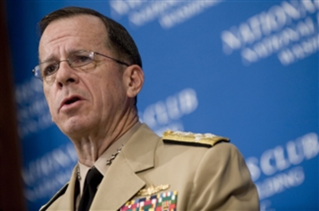 Chairman of the Joint Chiefs of Staff Adm. Mike Mullen, U.S. Navy, addresses the audience at a luncheon at the National Press Club in Washington, D.C., on July 8, 2009.  