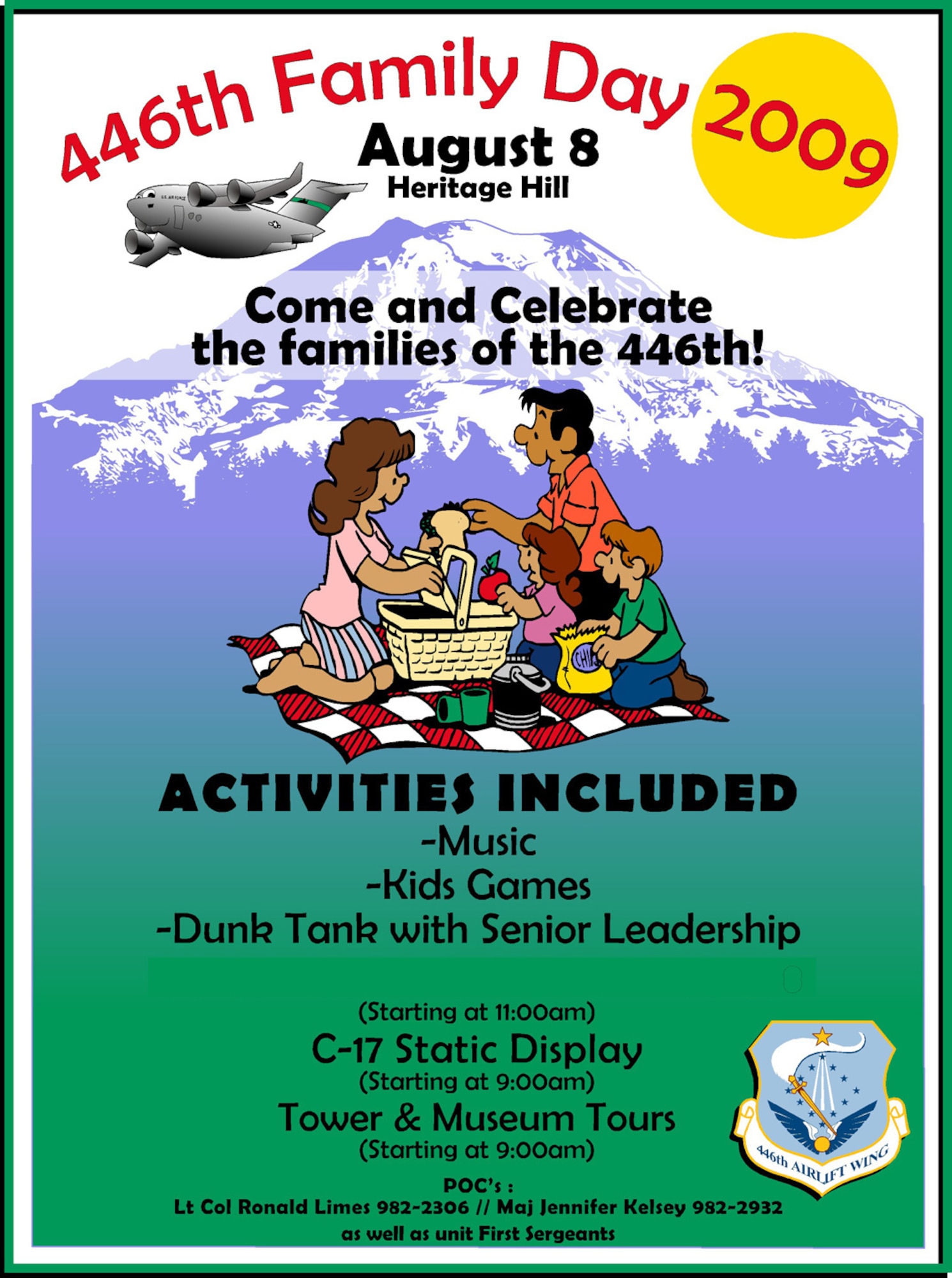 Celebrate the families of the 446th Airlift Wing at the Family Day picnic Aug. 8, at Heritage Hill, McChord Air Force Base, Wash.  Open to Reservists and 446th AW civilian employees and their families. (U.S. Air Force grapic/Adamarie Lewis-Page)