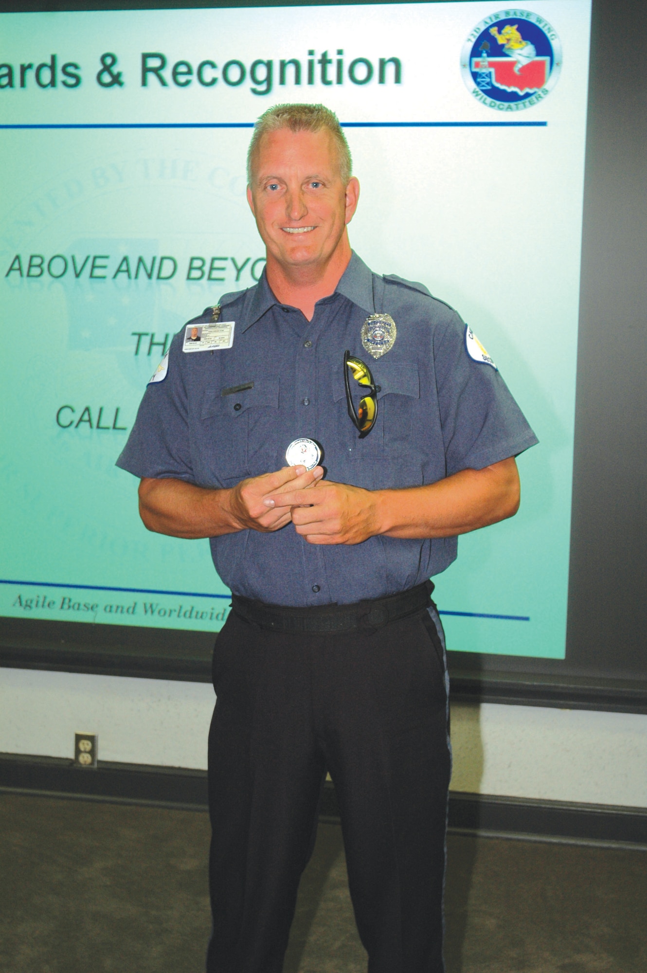 Tinker security officer Mike Shults was quick to respond when a woman near the base gate fell unconscious. He administered CPR until emergency medical personnel arrived.