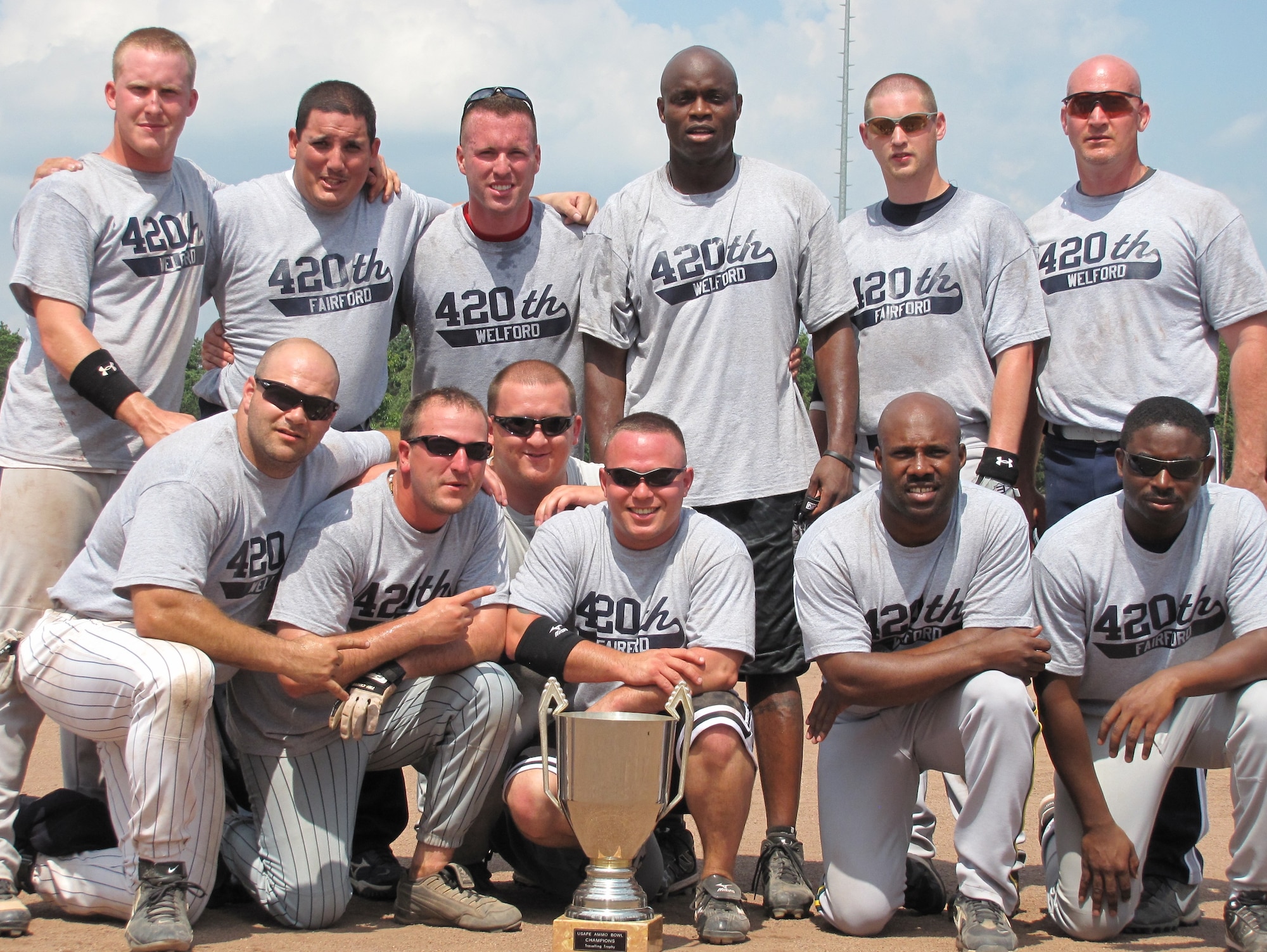 Airmen from the 420th Munitions Squadron, RAF Welford pose with the 23rd Annual USAFE AMMO Bowl trophy. The team beat out nine others representing six bases in three countries to take the title.