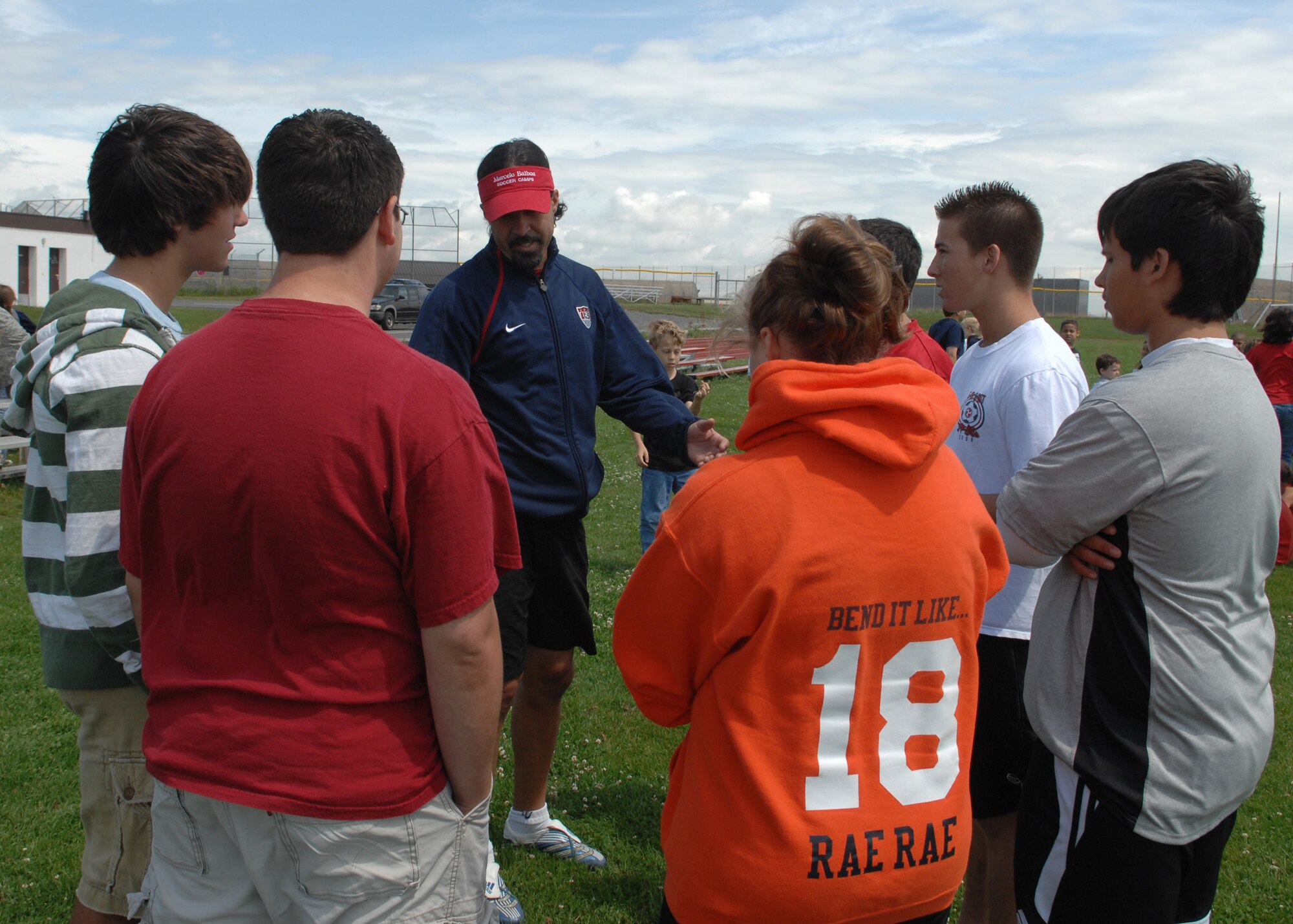 SPANGDAHLEM AIR BASE, Germany – Marcelo Balboa, retired U.S. professional soccer player, talks with Bitburg High School students before holding a soccer demonstration July 7 at the Skelton Memorial Fitness Center. Balboa retired in Colorado after a 13-year professional career. He was inducted into the U.S. Soccer Hall of Fame in 2005. (U.S. Air Force photo by Airman 1st Class Staci Miller)