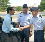 San Antonio Mayor Julian Castro meets Brig. Gen. Len Patrick, 37th Training Wing commander, and Col. Gregory Parsons, 37th TRW vice commander during a visit to the base July 2. (U.S. Air Force photo/Alan Boedeker)