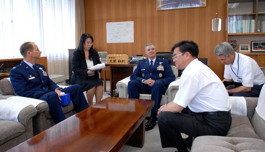 MISAWA AIR BASE, Japan -- Brig. Gen. Salvatore Angelella, 5th Air Force vice commander and 13th Air Force deputy commander  along with Col. David Stilwell, 35th Fighter Wing commander, visit with Mr. Kazunori Otsuka, Misawa City vice mayor July 10 at Misawa City Hall. General Angelella was in town visiting with city leaders and Japanese Self-defense Force Leadership. (Air Force photo/Staff Sgt. Phillip Butterfield)