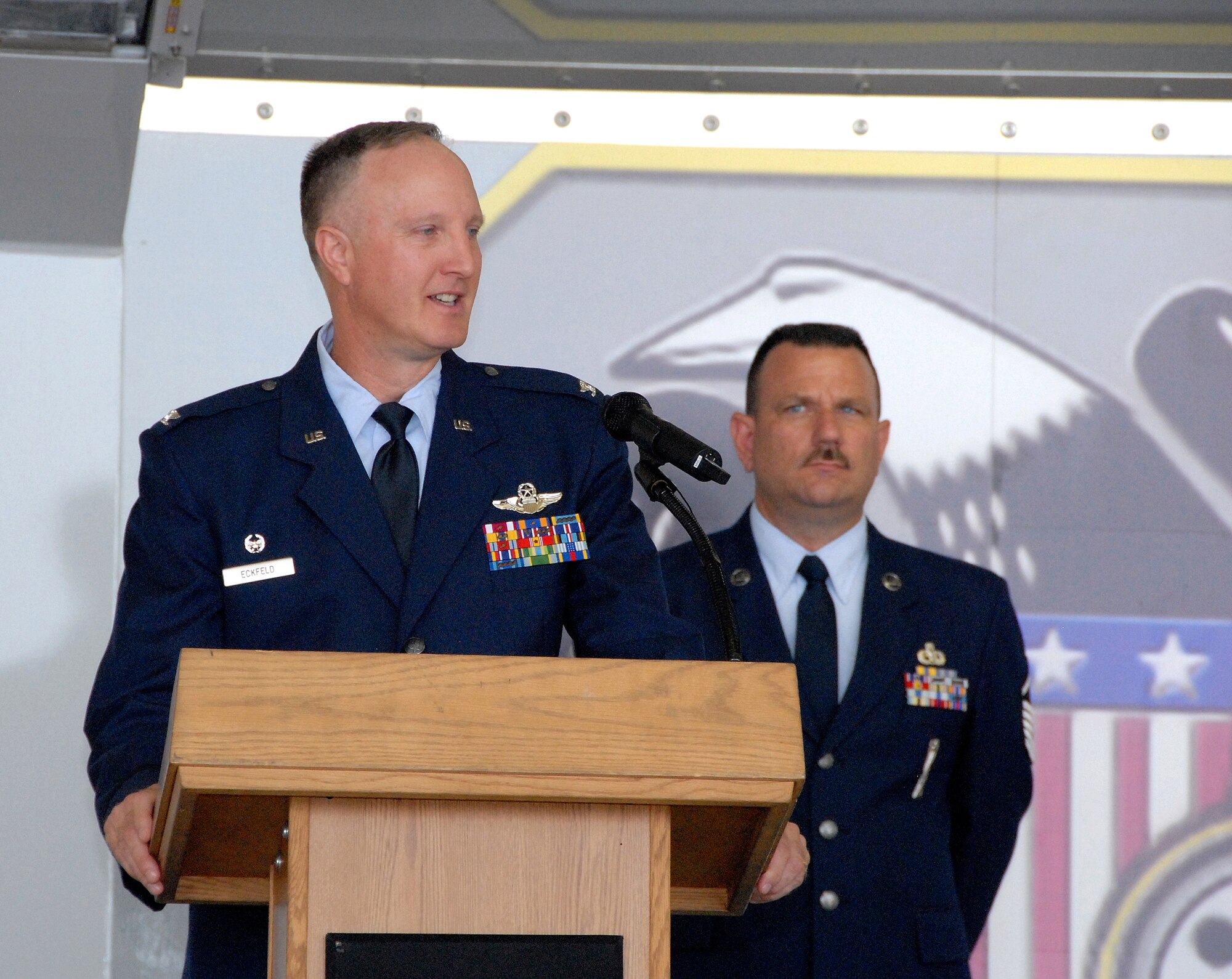 Col. Greg Eckfeld, 476th Fighter Group commander, addresses the newly-activated 476th FG in a special activation ceremony at Moody Air Force Base, Ga., July 11, 2009.  The 476th FG, an Air Force Reserve Command A-10 Thunderbolt II unit here, will fly the 23rd Wing's -- Moody's host unit -- A-10s in a partnership with the Regular Air Force.  (U.S. Air Force photo/Master Sgt. Bill Huntington)