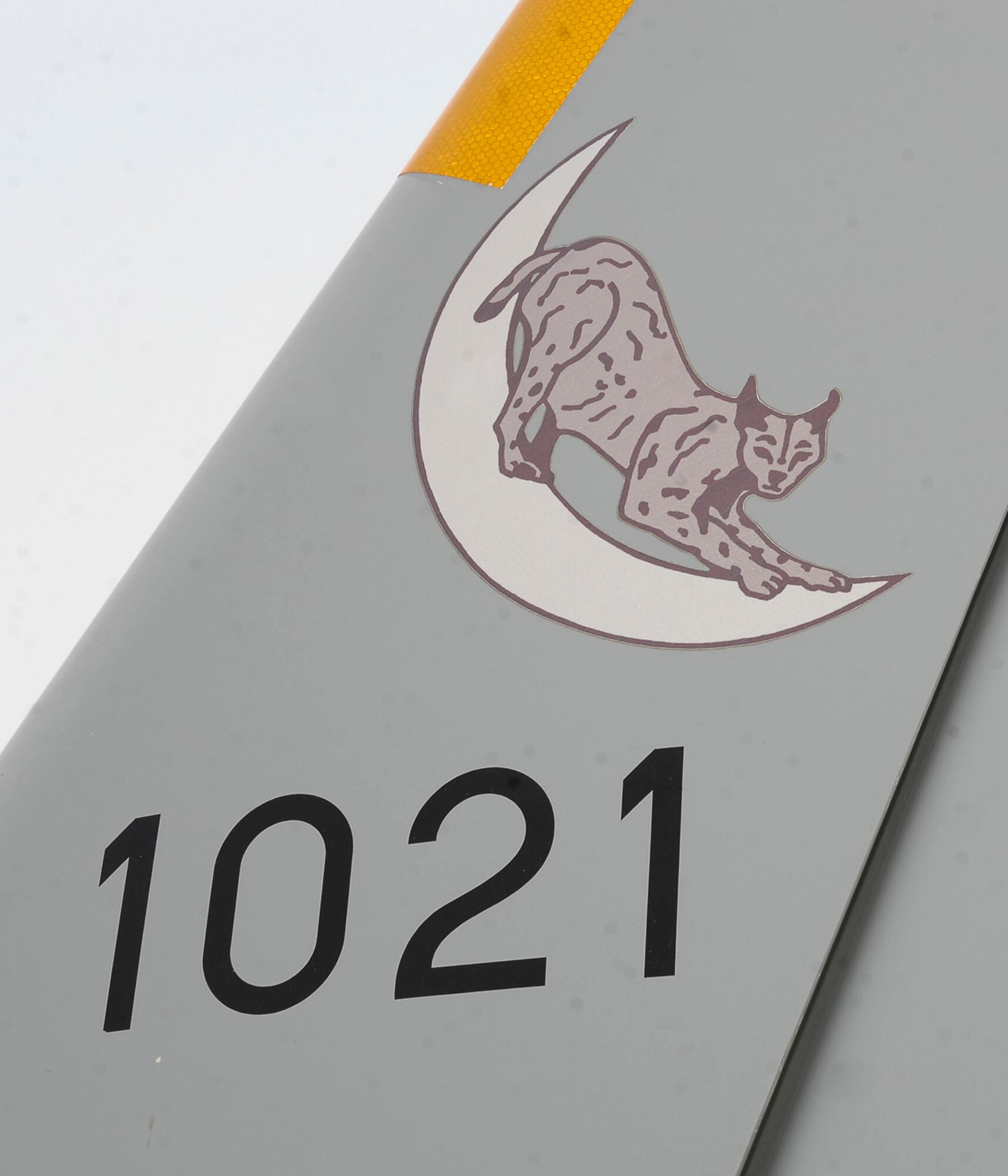 BAGRAM AIR FIELD, Afghanistan - The tail fin of the Unmanned Aerial Vehicle, from the French UAV Squadron, has a lynx sitting on a sliver of the moon painted on it, representing how stealthy the UAV is at night. (U.S. Air Force photo/Senior Airman Felicia Juenke)