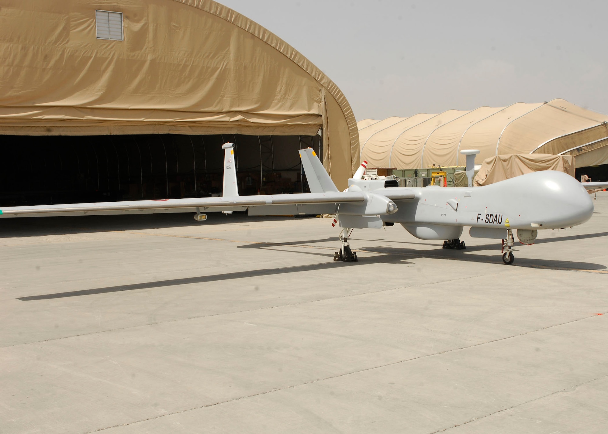 BAGRAM AIR FIELD, Afghanistan - An Unmanned Aerial Vehicle, from the French UAV Squadron, waits to be flown, here July 11. The French UAV is very similar to the U.S. Predator MQ-1 UAV. (U.S. Air Force photo/Senior Airman Felicia Juenke)