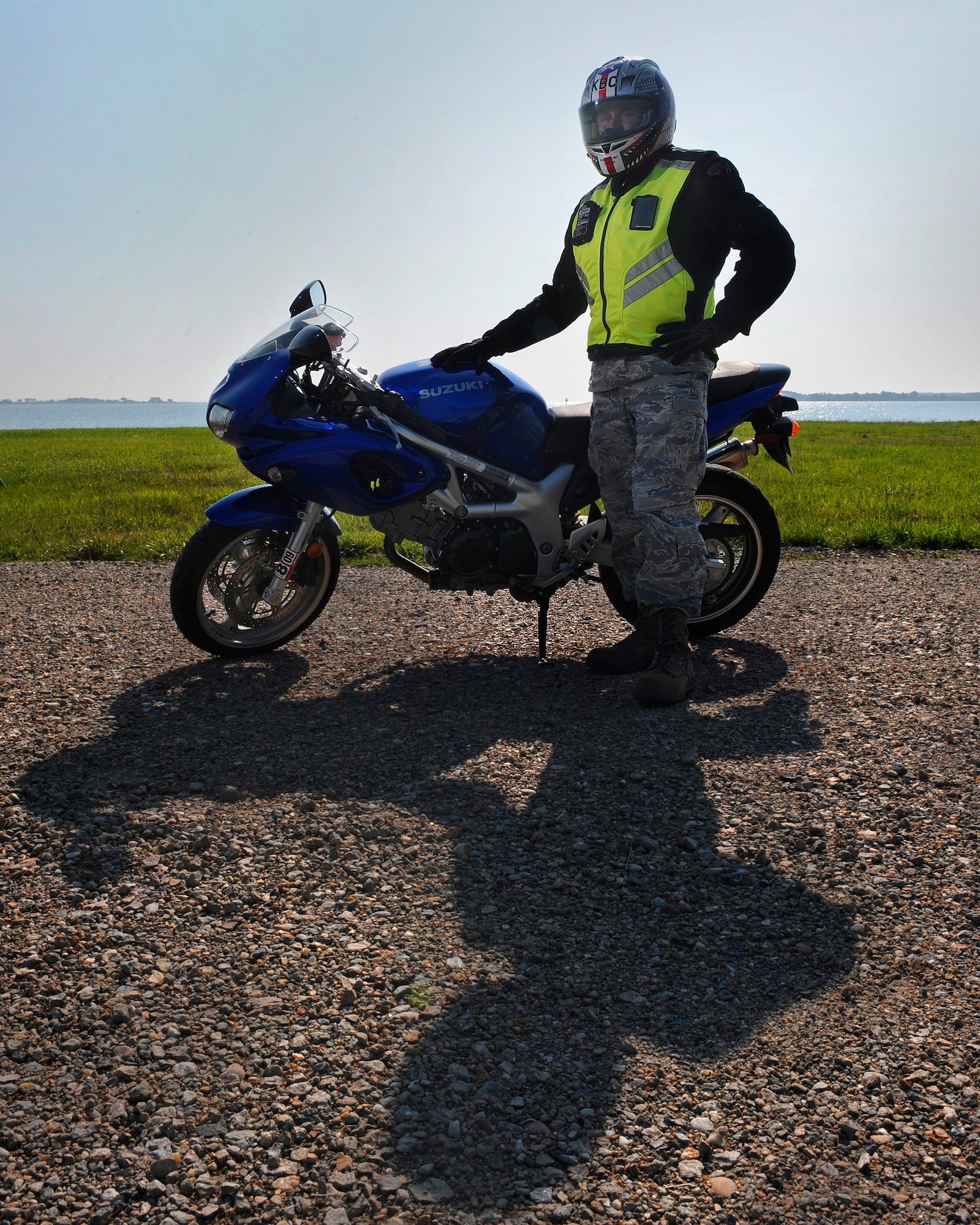 LANGLEY AIR FORCE BASE, Va. – Tech. Sgt. Daniel Gregory, 1st Maintenance Group Load Standardization Crew number two person, showcases the required motorcycle safety gear for compliance with AFI 91-207, The U.S. Air Force Traffic Safety Program.  The 1st Fighter Wing Safety Office reminds riders to wear protective gear, a brightly colored outer garment during the day and a reflective upper garment during the night.  (U.S. Air Force photo/Senior Airman Vernon Young)