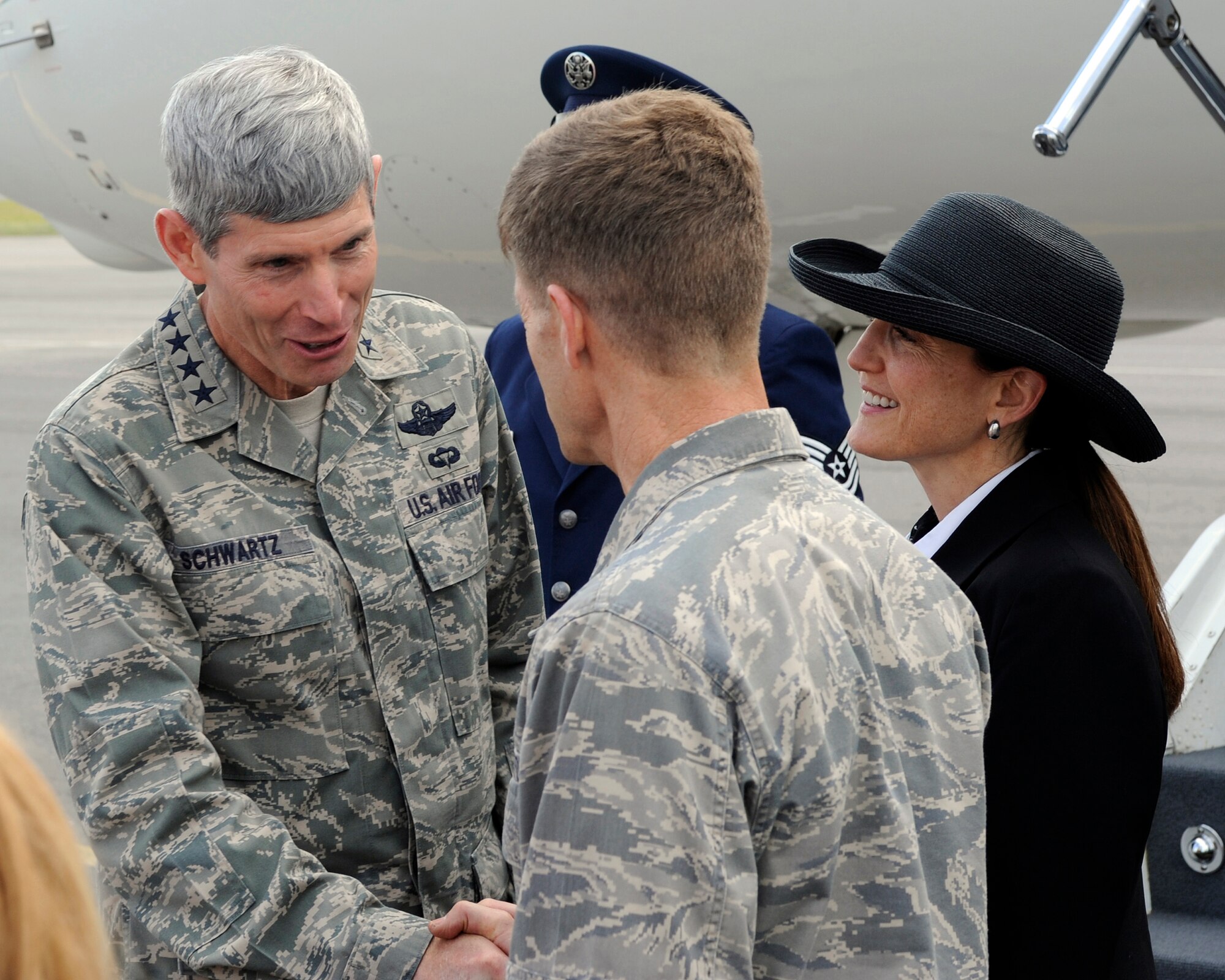 Brig. Gen. Mark W. Graper, 354th Fighter Wing, commander, and his wife Melinda greet the Chief of Staff of the Air Force, Gen. Norton A. Schwartz as he steps on to the flight line June 1, Eielson Air Force Base, Alaska. Gen. Schwartz's visit highlighted Eielson's operational and quality of life achievements as the tip of PACAF's 'strategic triangle' and showcased active duty, guard, and community partnerships. (U.S. Air Force photo/Airman 1st Class Willard E. Grande II)