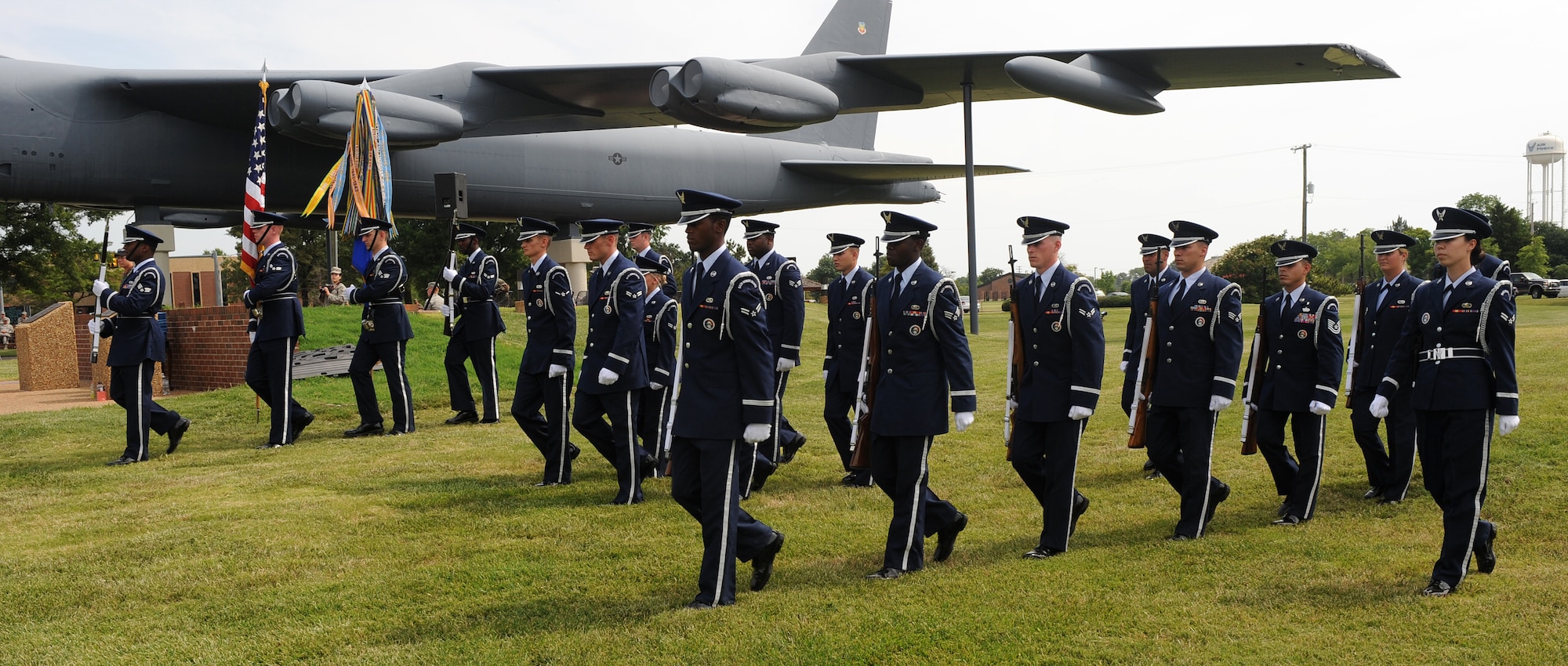 LANGLEY AIR FORCE BASE, Va. --  Members of the Langley Honor Guard march to their places during their graduation ceremony here July 9.  This was the first flight from Langley to be trained by the Air Force Honor Guard Training Team.  (U.S. photo/Senior Airman Zachary Wolf)
