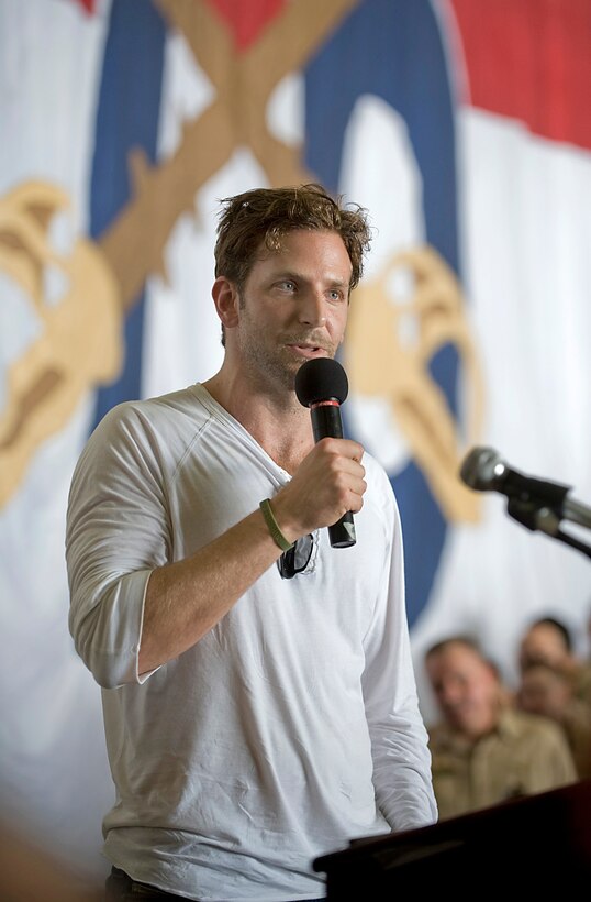 Actor Bradley Cooper addresses the crew of the USS Ronald Reagan underway in the Gulf of Oman, July 13, 2009.
