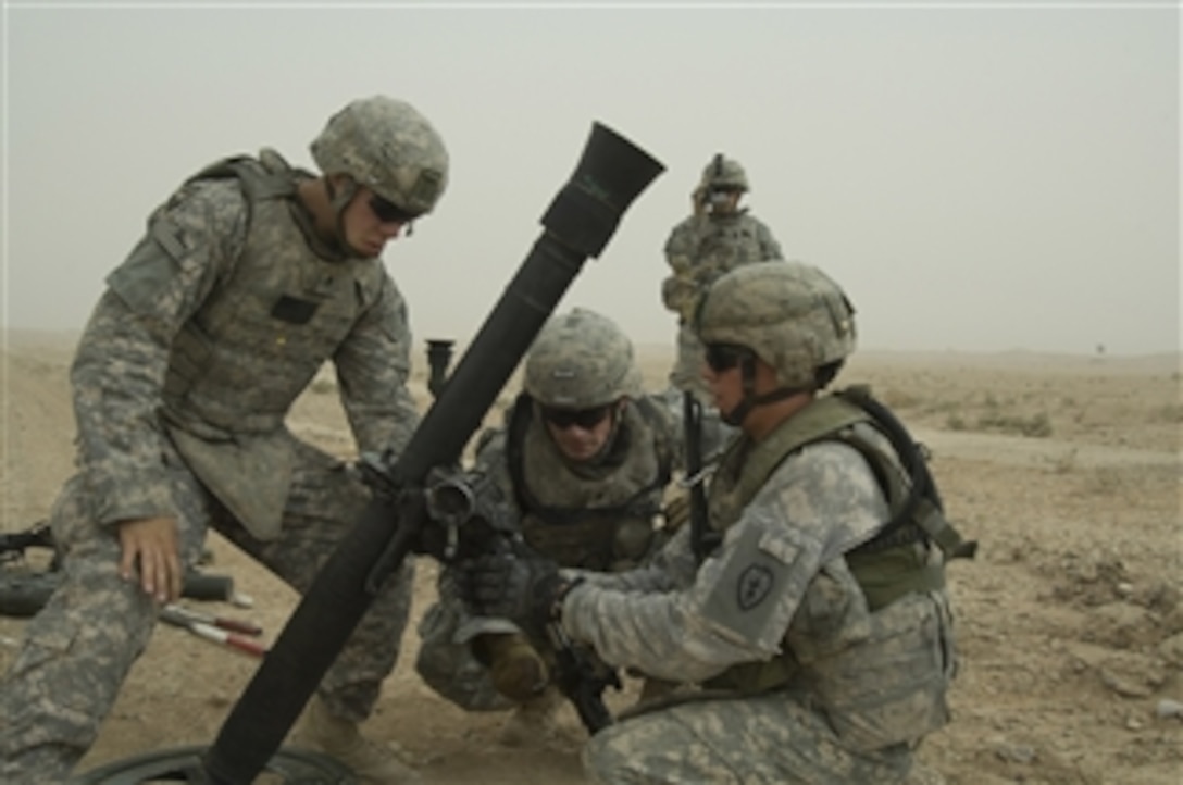 U.S. Army soldiers from the 3rd Battalion, 21st Infantry Regiment set up an 81 mm mortar system during a live-fire demonstration for the Iraqi Army's Light Battalion, 20th Brigade, 5th Division at Forward Operating Base Normandy in Diyala, Iraq, on June 28, 2009.  