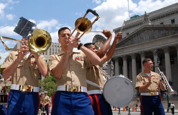 Marines from the Quantico, Va., Marine Corps Band played in Foley Square, New York City, July 13.  These Marines are part of one of the oldest ensembles in the Marine Corps. (Official Marine Corps photo by Sgt. Randall A. Clinton)