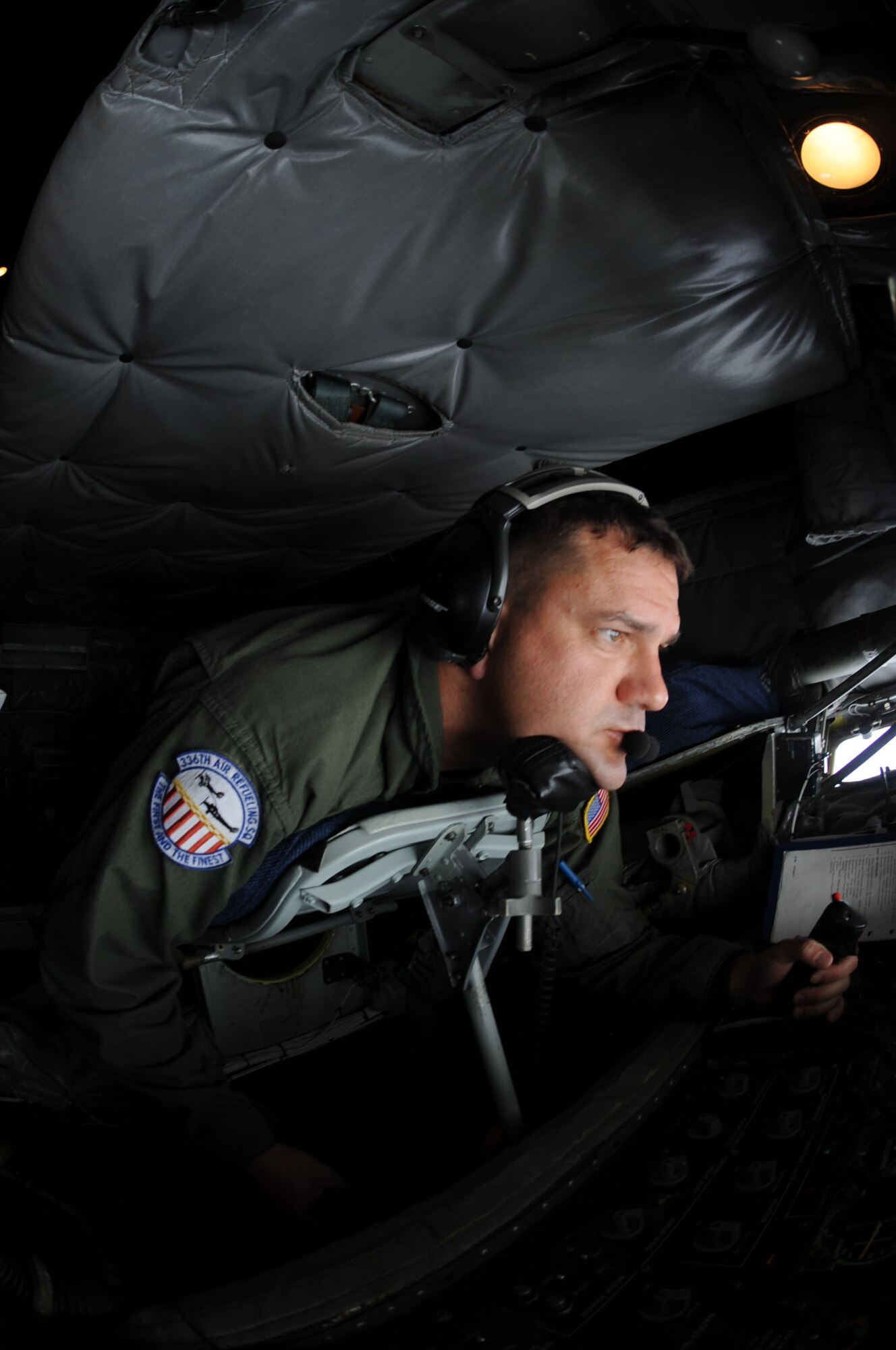 Master Sgt. Timothy Preston, 506th Expeditionary Refueling Squadron controls the boom of a KC-135 Stratotanker as a B-52 Stratofortress approaches to refuel, July 13. The refuelers are deployed from March Air Reserve Base, Calif., to Andersen Air Force Base, Guam, to support U.S. Pacific Command’s Theater Security Package and Continuous Bomber Presence in the Asia-Pacific region. (U.S. Air Force photo/Senior Airman Christopher Bush)