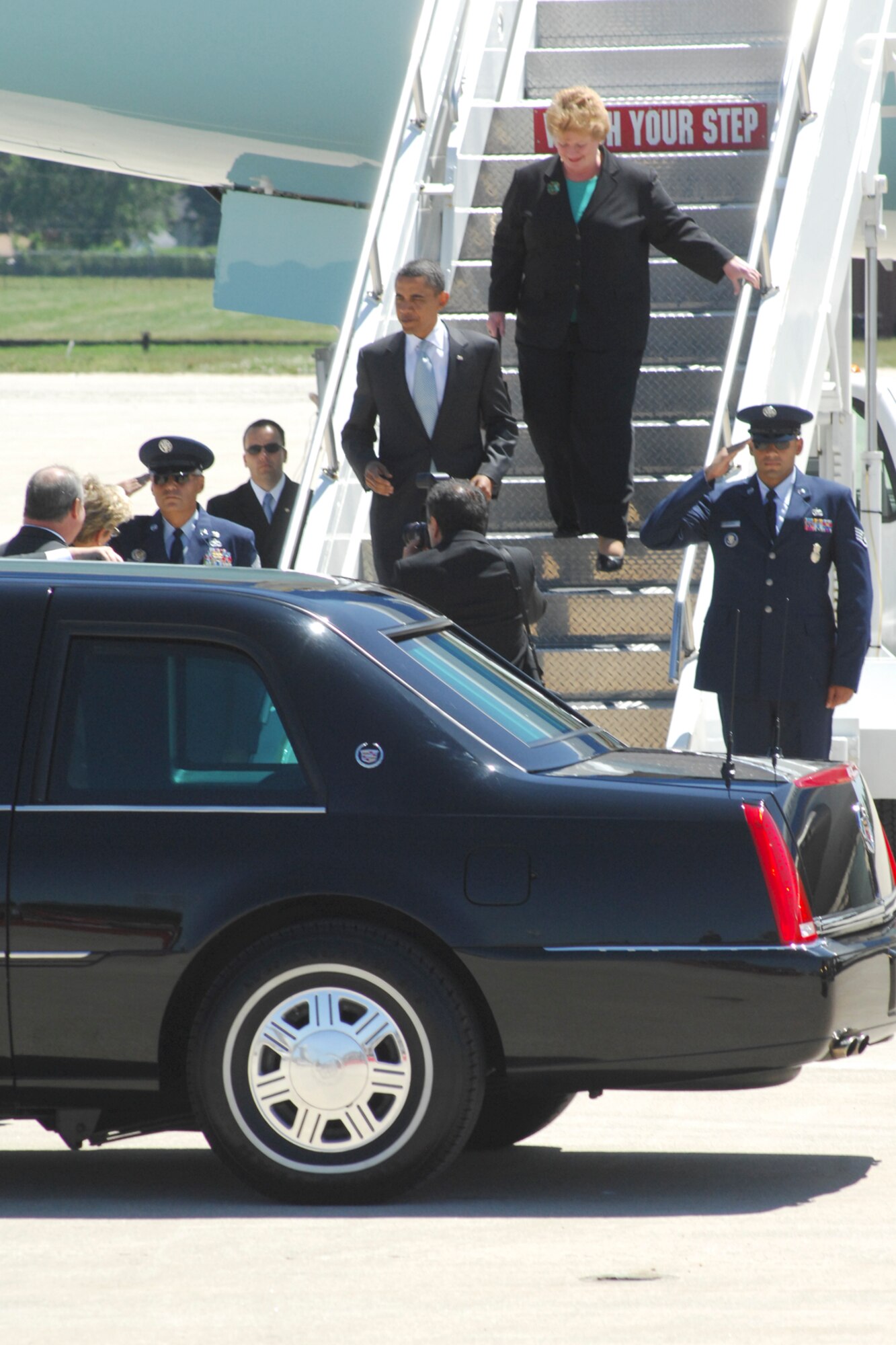 President Barack Obama and Michigan Senator Debbie Stabenow step off Air Force One on Tuesday, July 14, at Selfridge Air National Guard Base, Mich.  The President was in Michigan on his way to a public appearance at Macomb County Community College in Warren, Mich., where he announced his American Graduation Initiative.  (USAF photo by John S. Swanson)