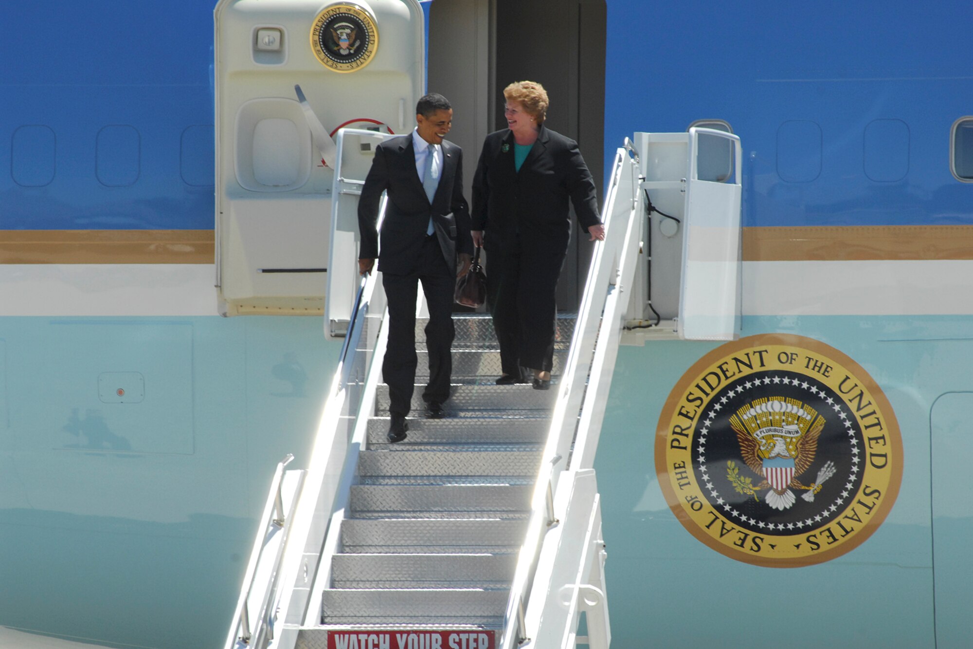 President Barack Obama and Michigan Senator Debbie Stabenow step off Air Force One on Tuesday, July 14, at Selfridge Air National Guard Base, Mich.  The President was in Michigan on his way to a public appearance at Macomb County Community College in Warren, Mich., where he announced his American Graduation Initiative.  (USAF photo by John S. Swanson)