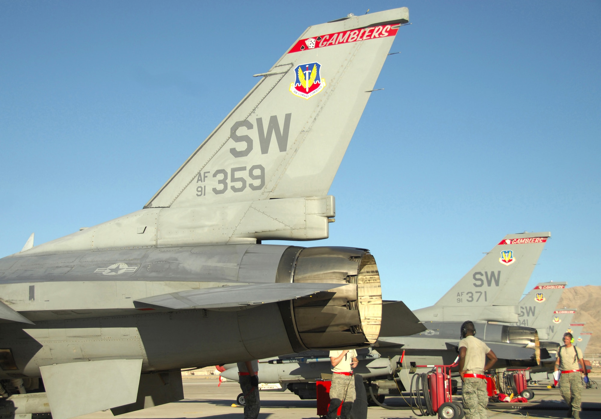 NELLIS AIR FORCE BASE, Nev. -- The 77th Fighter Squadron "Gamblers" from Shaw Air Force Base, S.C., are deployed to Red Flag 09-4 for training in a combat environment. Airmen from Shaw's 20th Maintenance Group check the F-16CJs and prepare them for night training missions. Units participating in Red Flag receive unrivaled combat training to assure U.S. air superiority in any conflict in which the nation may become engaged. (U.S. Air Force photo/2nd Lt. Emily Chilson)