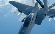 Lt. Col. Richard Dill brings an F-15 Eagle from the 125th Fighter Wing, Jacksonville, Fla., in for aerial refueling, on July 10, 2009. (Air National Guard photo by SrA Bryan Yale)