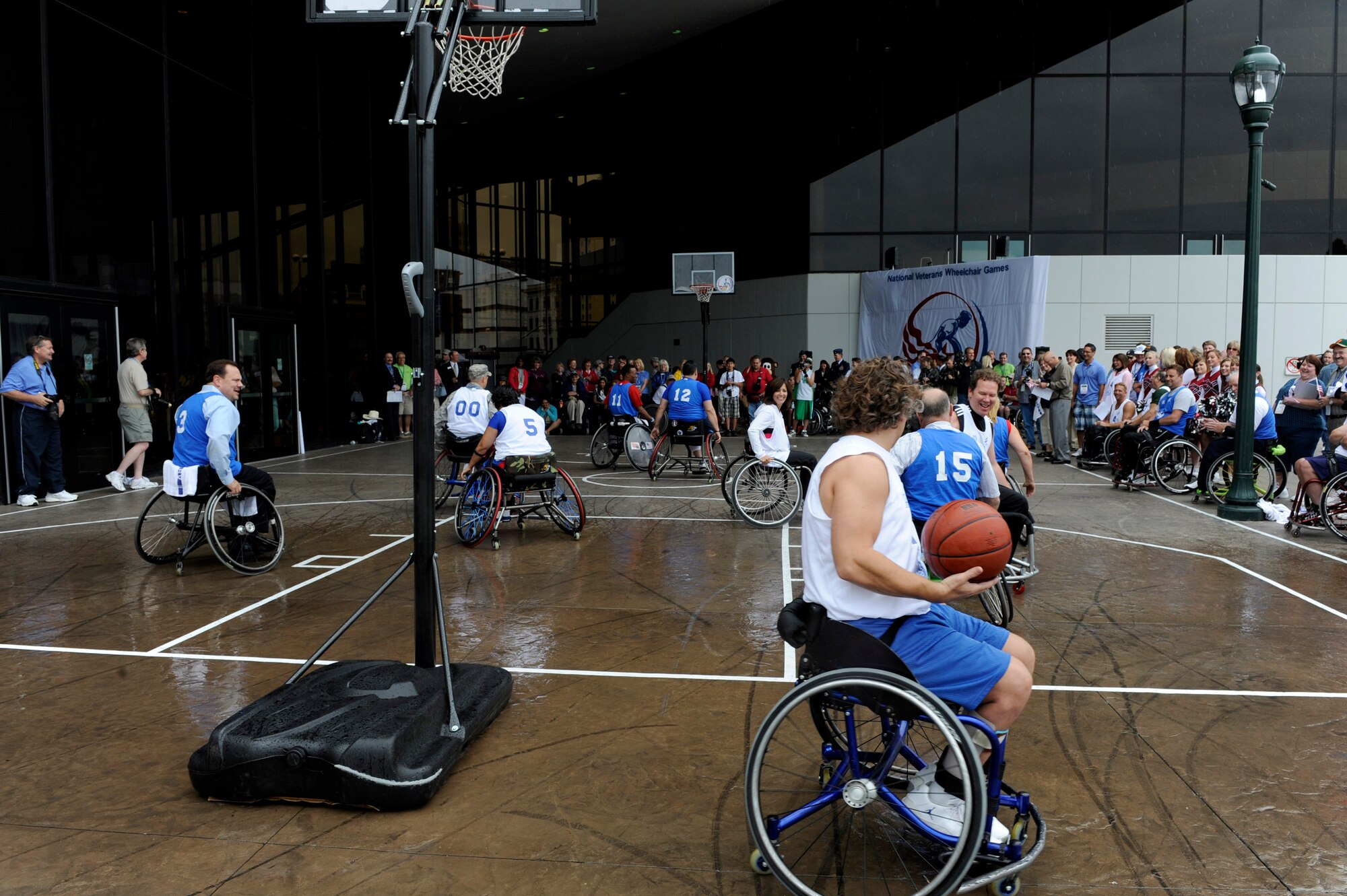 Veterans play a games of wheelchair basketball against media outlets July 13 during the 29th National Veterans Wheelchair Games held in Spokane, Wa . More than 500 veterans meet at the convention center to take part in the 2009 National Veterans Wheelchair Games July 13 through 19. (U.S. Air Force photo/Staff Sgt. Desiree N. Palacios)