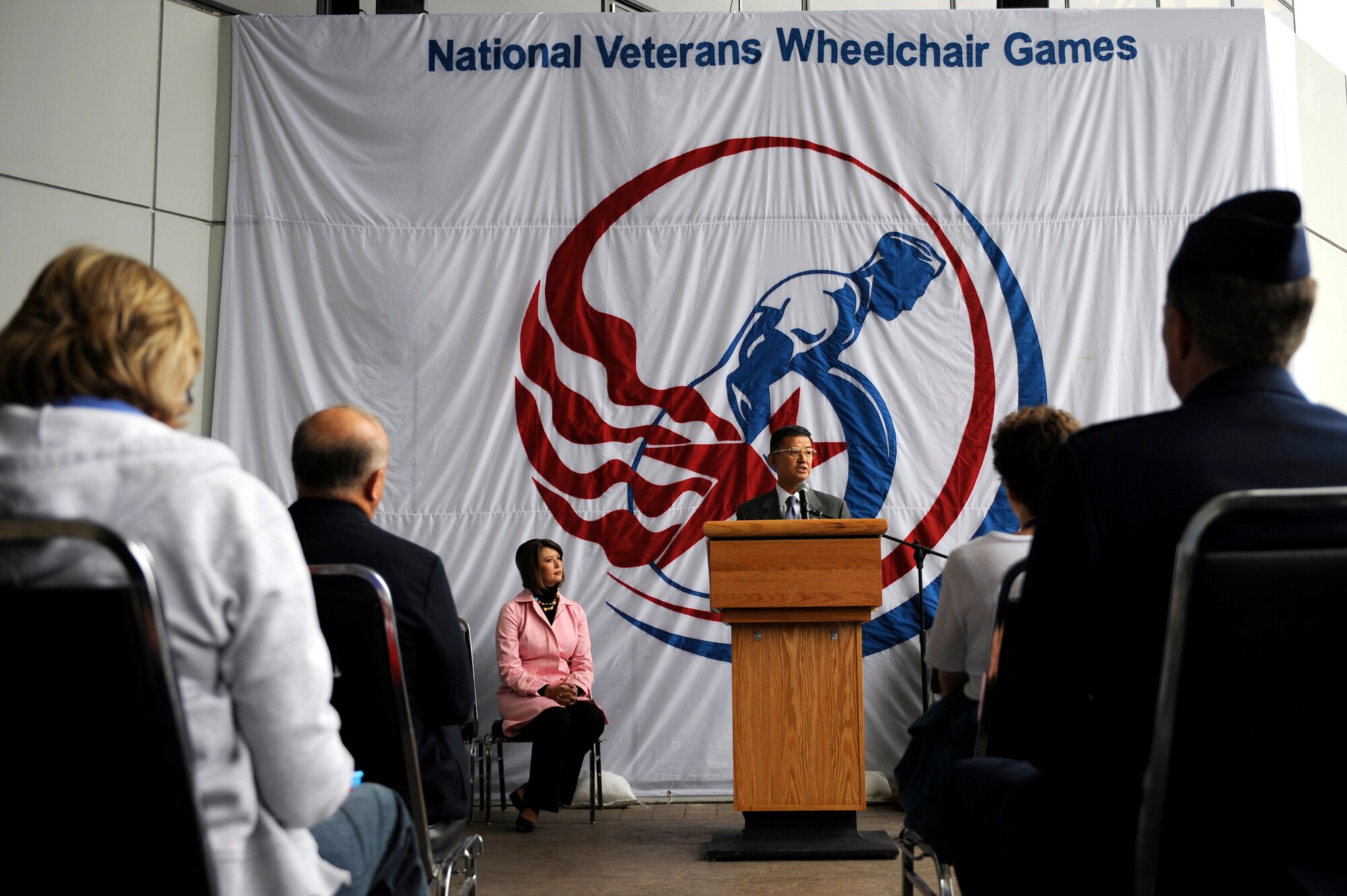 Secretary of Veterans Affairs Eric K. Shinseki gave opening remarks during the opening ceremony July 13 for the 29th National Veterans Wheelchair Games held in Spokane, Wa . More than 500 veterans meet at the convention center to take part in the 2009 National Veterans Wheelchair Games July 13 through 19. (U.S. Air Force photo/Staff Sgt. Desiree N. Palacios)