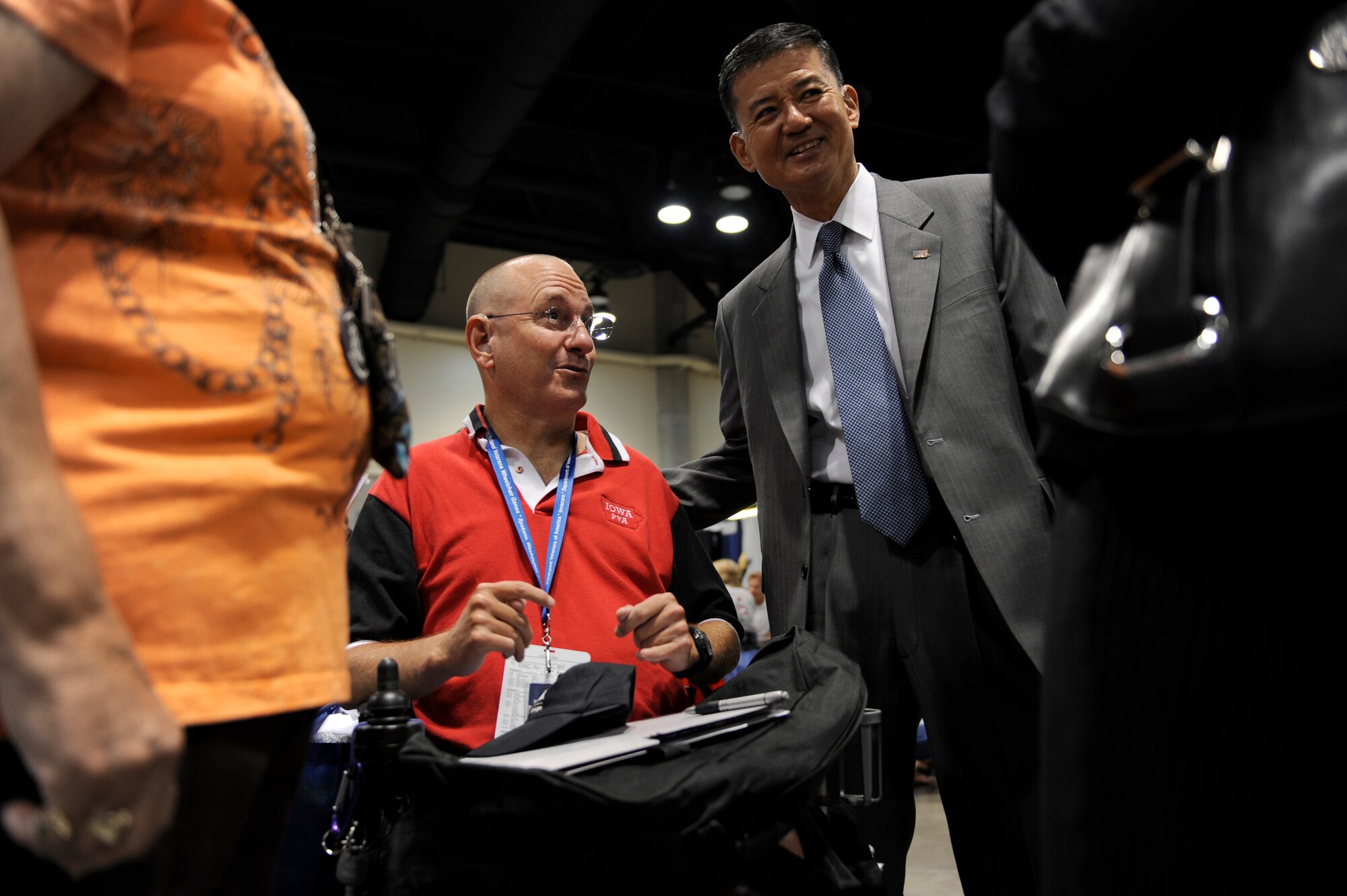 Secretary of Veterans Affairs Eric K. Shinseki greets Michael Brady July 13 before the opening ceremony for the 29th National Veterans Wheelchair Games held in Spokane, Wa . More than 500 veterans meet at the convention center to take part in the 2009 National Veterans Wheelchair Games July 13 through 19. (U.S. Air Force photo/Staff Sgt. Desiree N. Palacios)