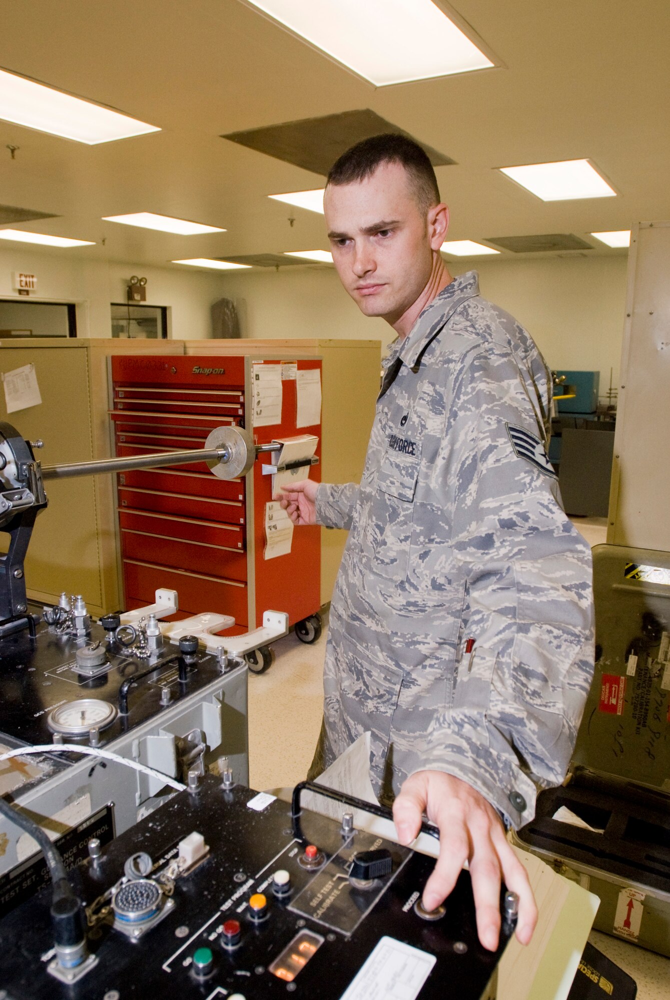 Staff Sgt. Josh Bradford, 8th Maintenance Squadron, evaluates a test set guidance control section at Kunsan Air Base. Republic of Korea July 14. Sergeant Bradford is a precision measurement equipment laboratory craftsman for the test measurement and diagnostic equipment flight. The TMDE flight is responsible for keeping equipment intolerance and on target. (U.S. Air Force photo by Senior Airman Jonathan Steffen)