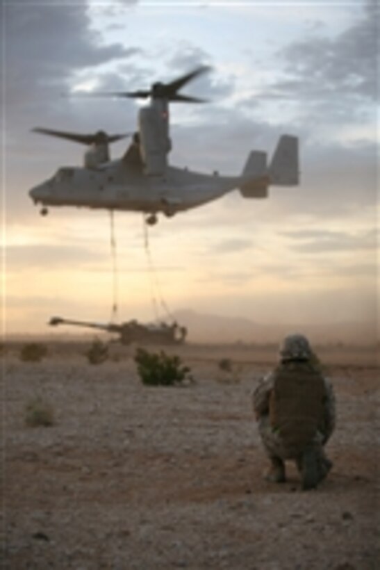U.S. Marine Corps Staff Sgt. Christopher Malloy, landing support chief, Combat Logistics Battalion 46, observes as an MV-22 Osprey aircraft hovers above an M777 howitzer during an airlift operation at Landing Zone Sandhill at the Marine Corps Air Ground Combat Center, Twentynine Palms, Calif., on July 10, 2009.  