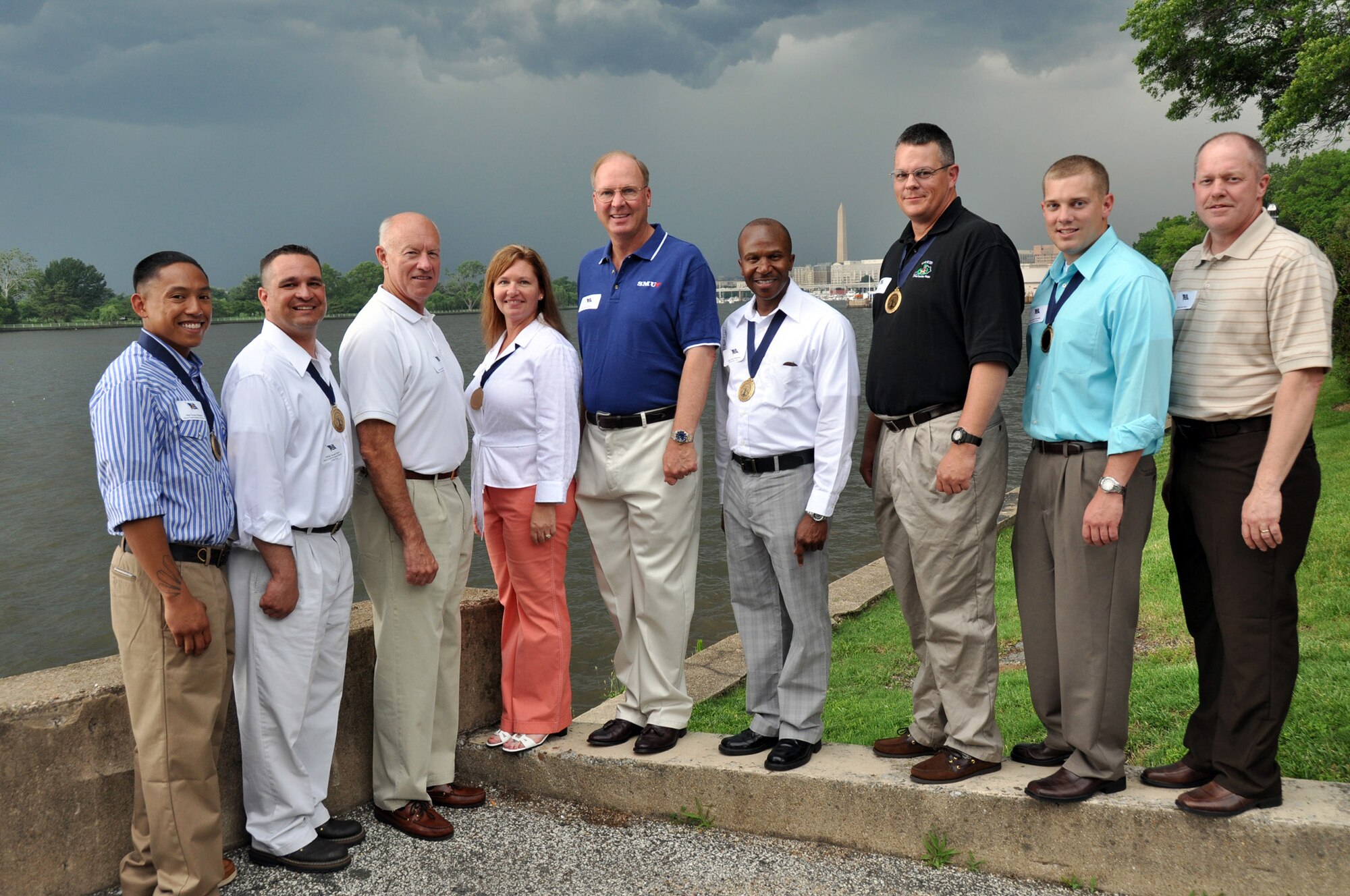 The Air National Guard’s Outstanding Airmen of the Year stand outside Washington, D.C. during a reception dinner with Air Force Gen. Craig R. McKinley, chief of the National Guard Bureau June 9 on Fort McNair. Staff Sgt. Terrence Mananes, 163rd
Reconnaissance Wing, is on the far left. (U.S. Air Force photo by Master Sgt. Mike R. Smith)