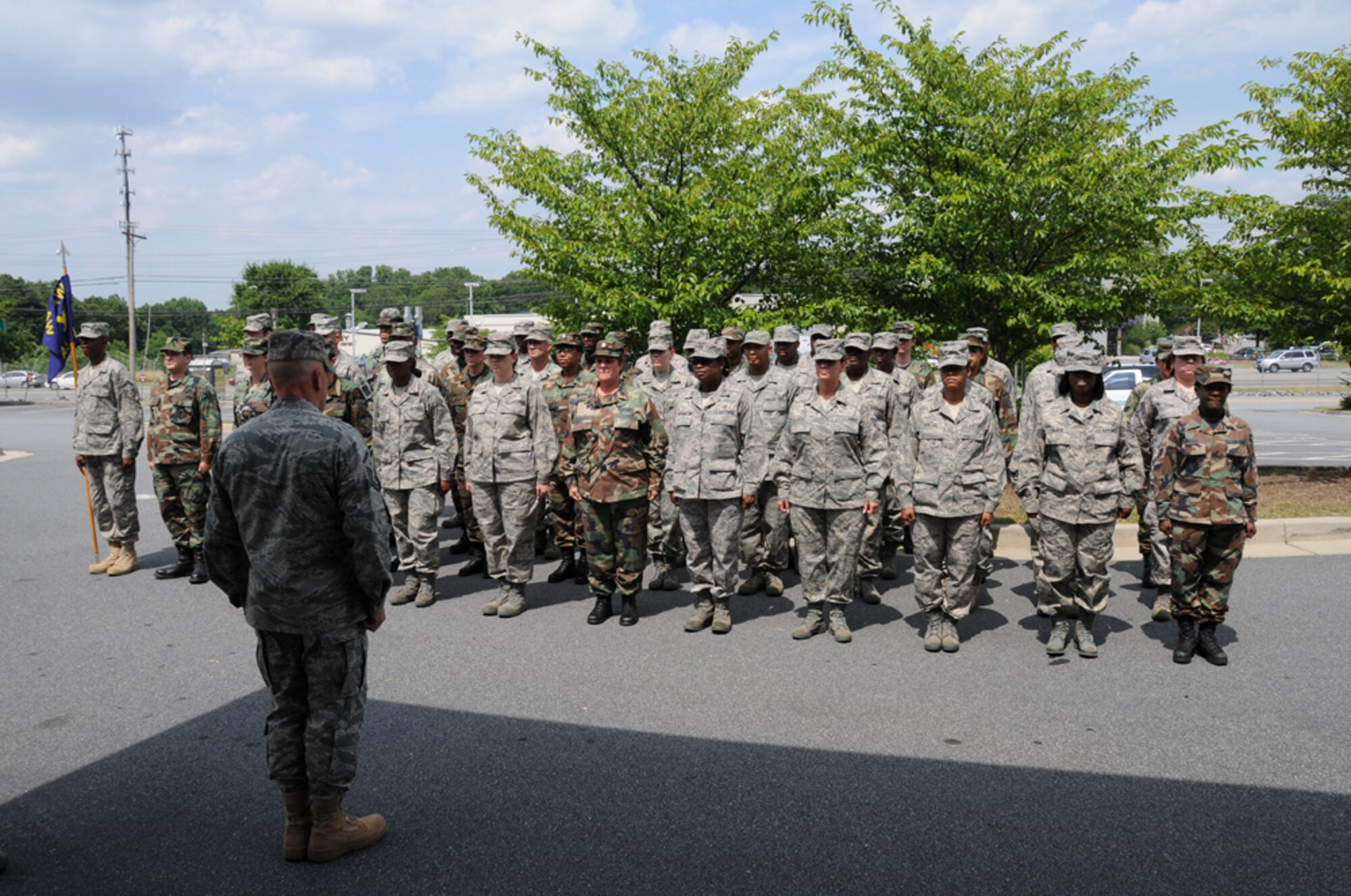 Master Sgt. Charles L. Spruill, 94th Aeromedical Staging Squadron first sergeant, commands the squadron in preparation for a retreat ceremony at the 94th Airlift Wing headquarters building July 11. (U.S. Air Force Photo/Tech. Sgt. Nicholas Ontiveros)