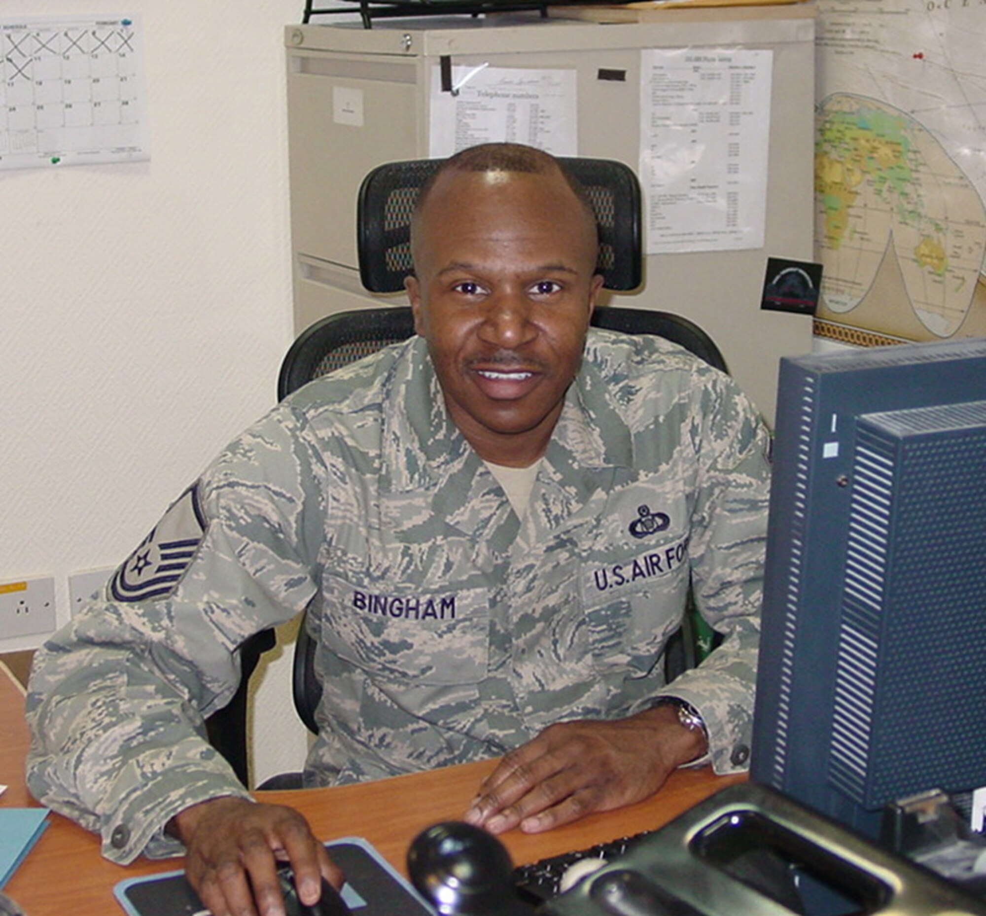 Master Sgt. Tyrone Bingham, a host aviation resource management superintendent with the 170th Operational Support Squadron at Offutt AFB, Neb., leads an office that controls 25 times more aviator flight records than the average Air Force wing.  The Air Force Chief of Staff reviews the selections. The selections for the 2009 12 Outstanding Airmen of the Year were announced July 2 by Air Force officials at Randolph Air Force Base, Texas. (U.S. Air Force photo)