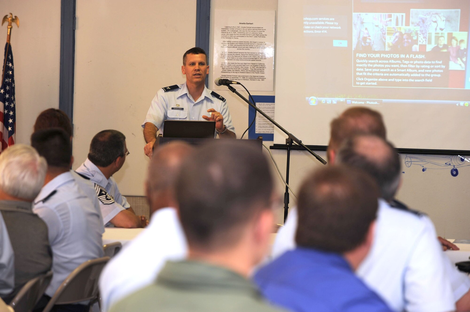MCCONNELL AIR FORCE BASE, Kan. -- Col. Jamie W. Crowhurst, 22nd Air Refueling Wing commander, talks about Team McConnell’s upcoming events at the civic leader luncheon hosted by the Kansas Aviation Museum, July 14.  The civic leader luncheon is held once a month at various places and is a venue for Team McConnell’s leadership to enhance public relations with the local community. (Photo by Tech. Sgt. Chyrece Campbell)