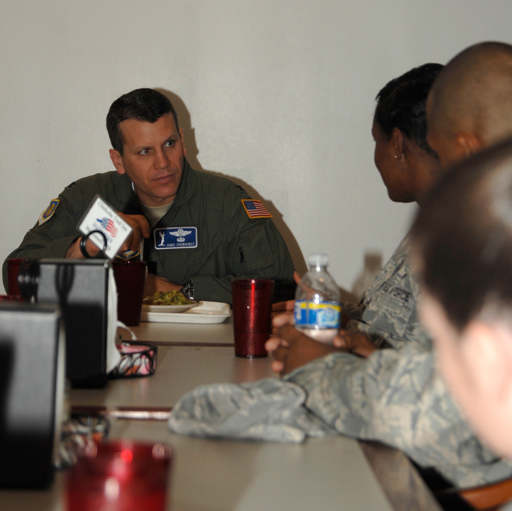 MCCONNELL AIR FORCE BASE, Kan. -- Col. Jamie W. Crowhurst, 22nd Air Refueling Wing commander, talks with a group of non-commissioned officers at the Robert J. Dole Community Center, July 9. Colonel Crowhurst met with the NCO’s to discuss their ideas on improving McConnell and the Air Force. (Photo by Senior Airman Laura Suttles)