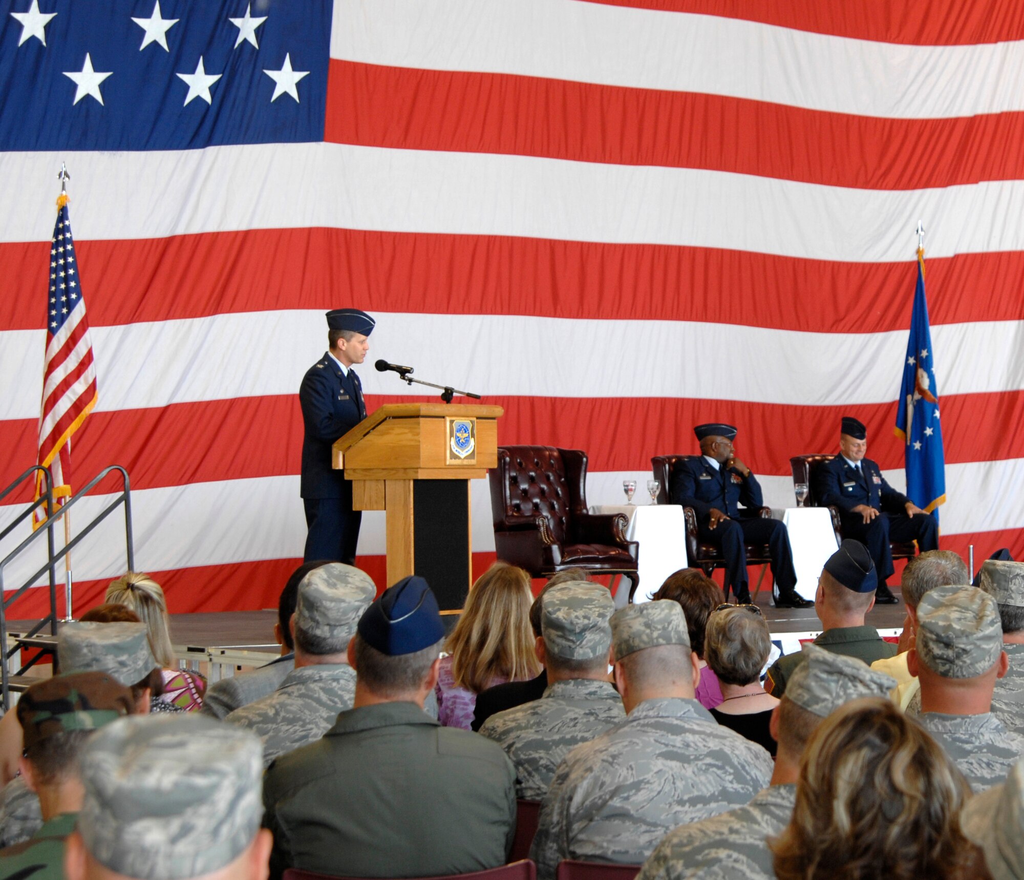 MCCONNELL AIR FORCE BASE, Kan. -- Col. Jamie W. Crowhurst, 22nd Air Refueling Wing commander, presides over a change of command ceremony in hangar 1176, July 9. This is the first ceremony Colonel Crowhurst has officiated since arriving at McConnell and assuming command over the members of Team McConnell. (Photo by Senior Airman Laura Suttles)