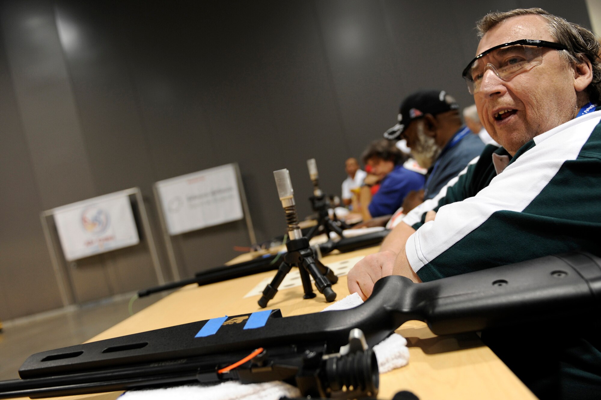 William Ethridge competes in the air gun competition during the 29th National Veterans Wheelchair Games July 14 in Spokane, Wash. Mr. Ethridge is an Air Force veteran and resides in Spokane. The 29th National Veterans Wheelchair Games runs through July 19. (U.S. Air Force photo/Staff Sgt. Desiree N. Palacios) 
