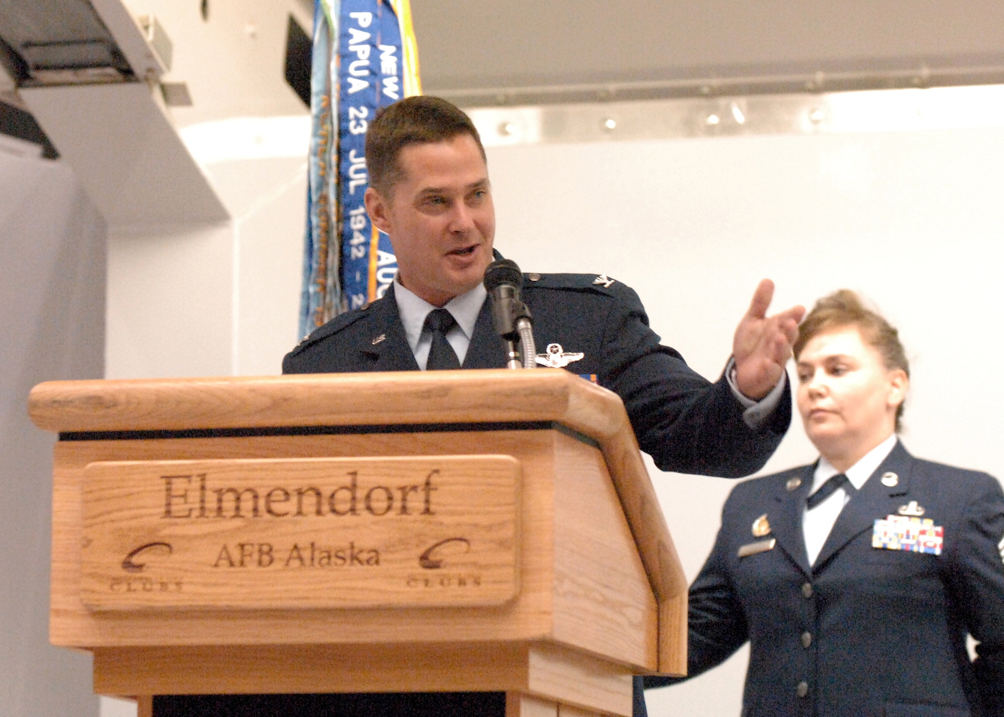ELMENDORF AIR FORCE BASE, Alaska -- Col. William Routt speaks to the audience of the 3rd Operations Group change of command ceremony July 10. (U.S. Air Force photo/Tech. Sgt. Brian Smith)