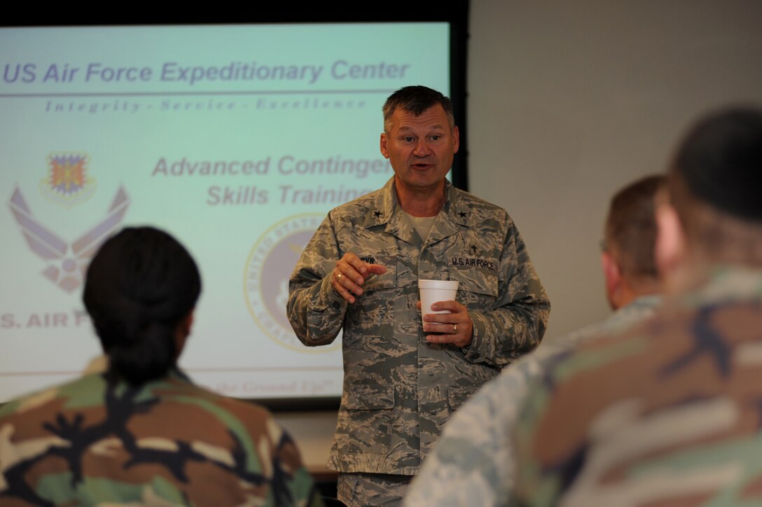 Chaplain (Brig. Gen.) David Cyr, Air Force Deputy Chief of Chaplains, meets with students attending chaplain and chaplain assistant functional training July 9 at the U.S. Air Force Expeditionary Center on Joint Base McGuire-Dix-Lakehurst, N.J.  Chaplain Cyr visited the installation to receive first hand experience the type of training provided by the center.  (U.S. Air Force Photo/Staff Sgt. Nathan G. Bevier) 