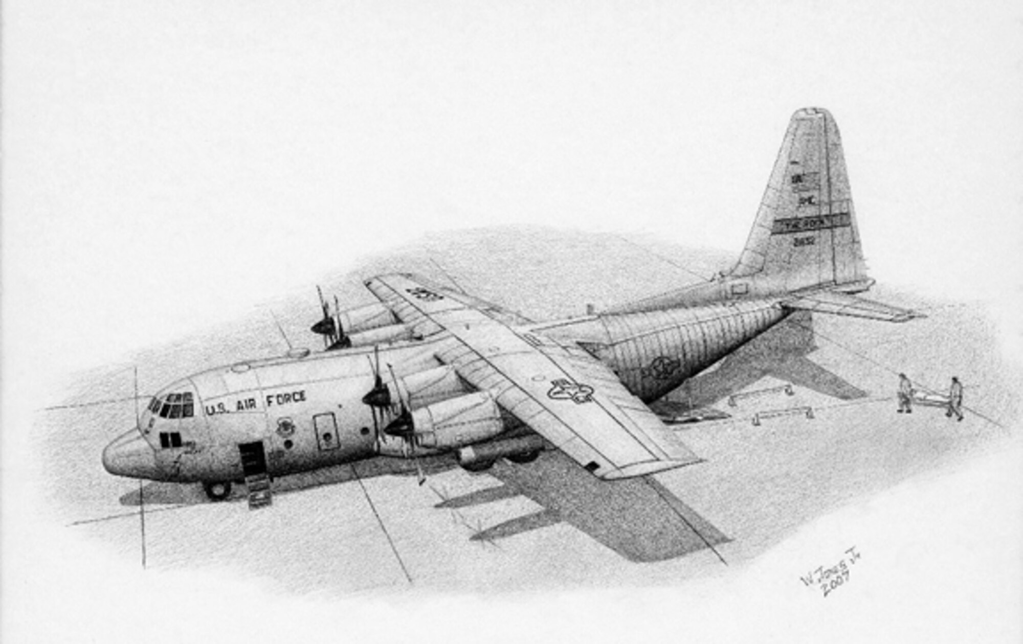 C-130E Hercules "Going Home”  Art by Willie Jones. This image is copyrighted and is the property of Willie Jones Jr. and is available only to members of the Armed Forces and Military organizations.  "Going Home" is a depiction of a C-130E Hercules military airlift cargo plane during a medical evacuation mission.  Going Home shows an injured military member being aero medical evacuated out of the war zone. 